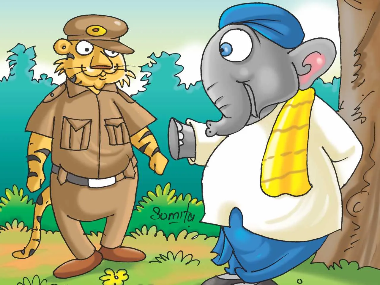 Elephant and lion talking cartoon image