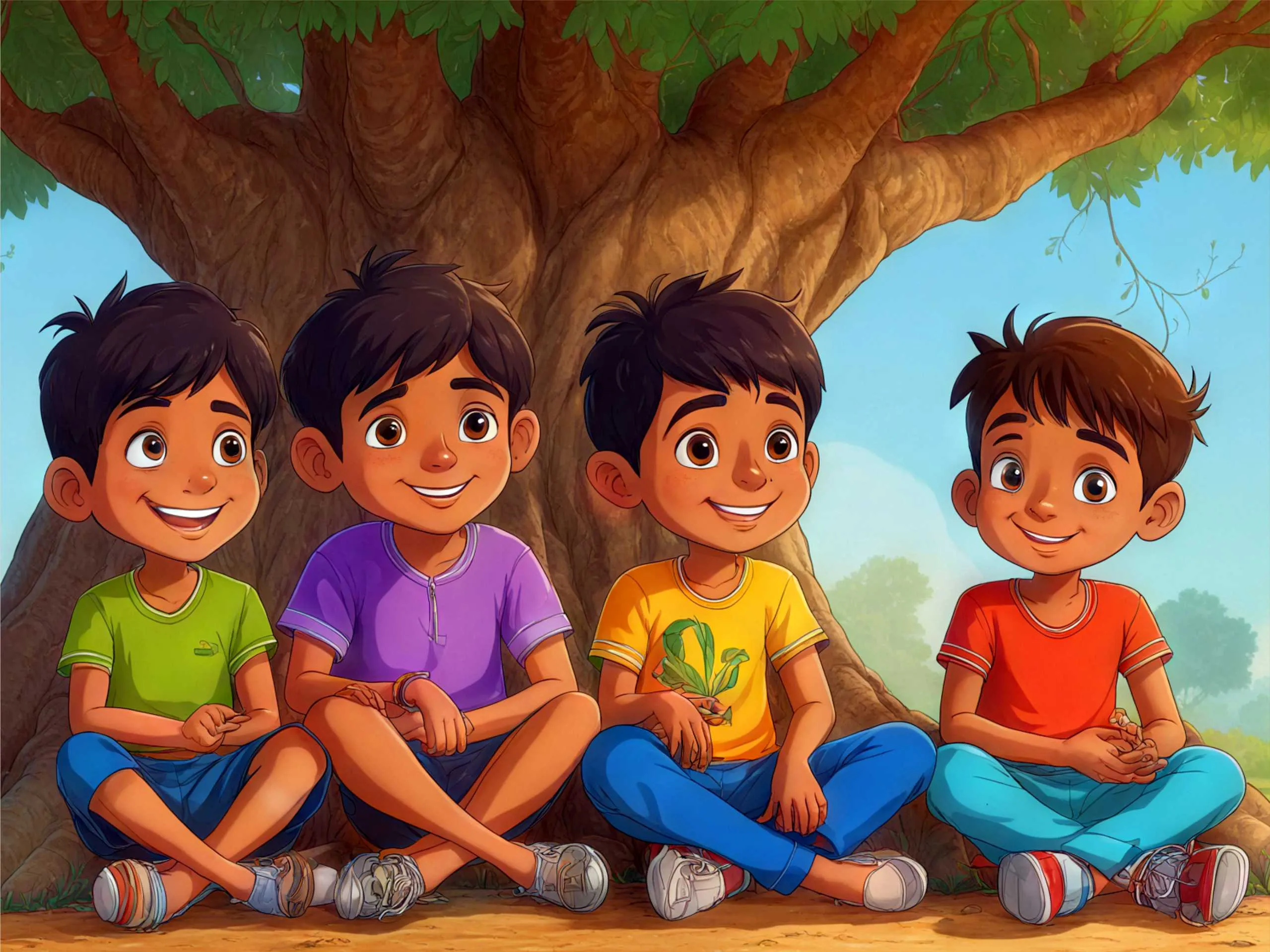 cartoon image of a kids sitting under a tree