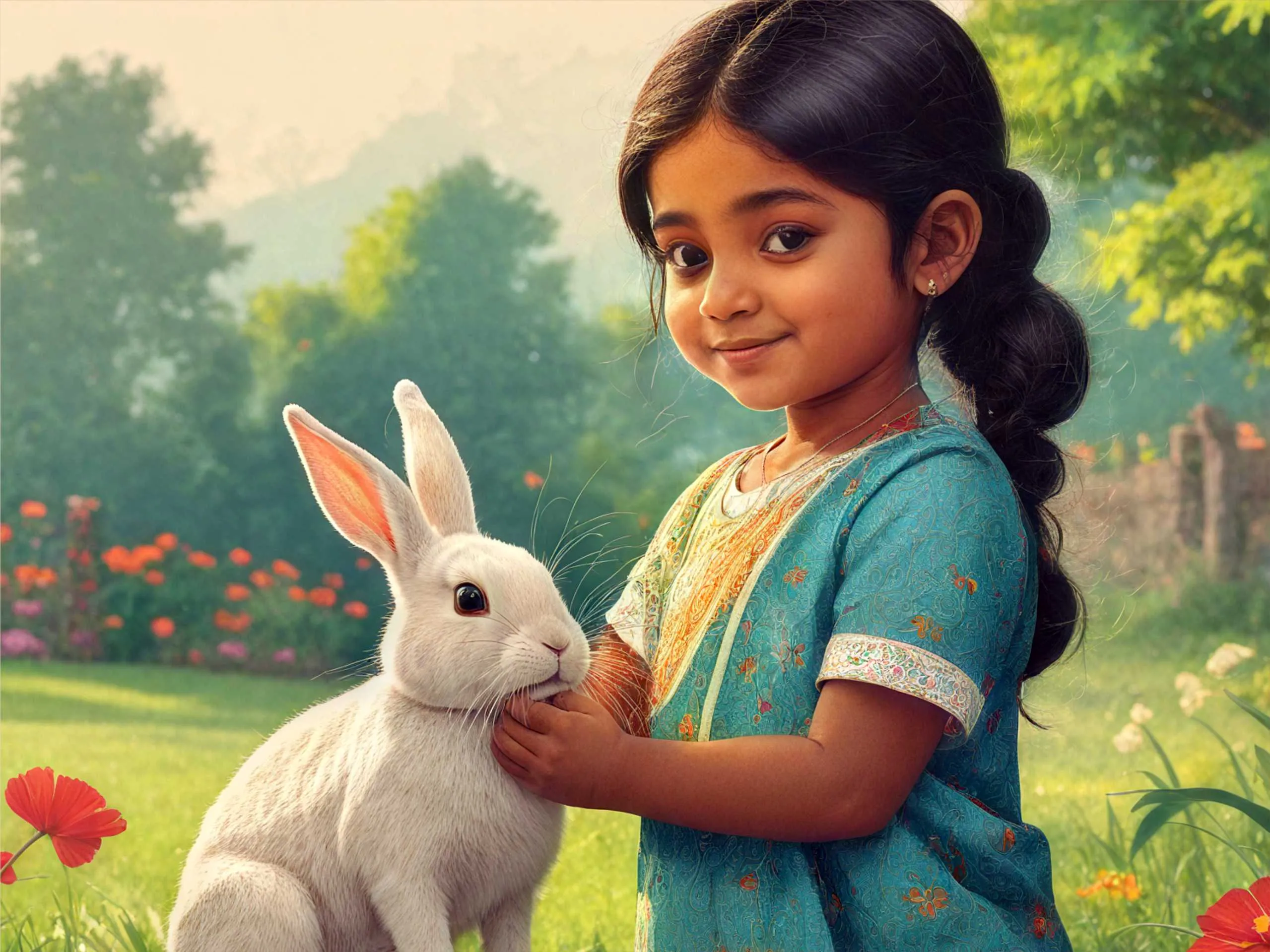 cartoon image of a girl kid with a rabbit