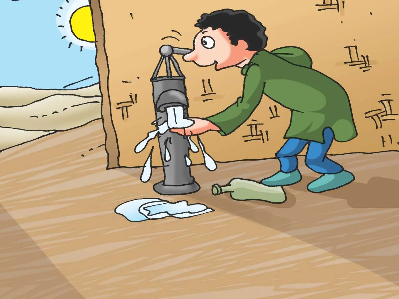 Man in desert with waterpump cartoon image