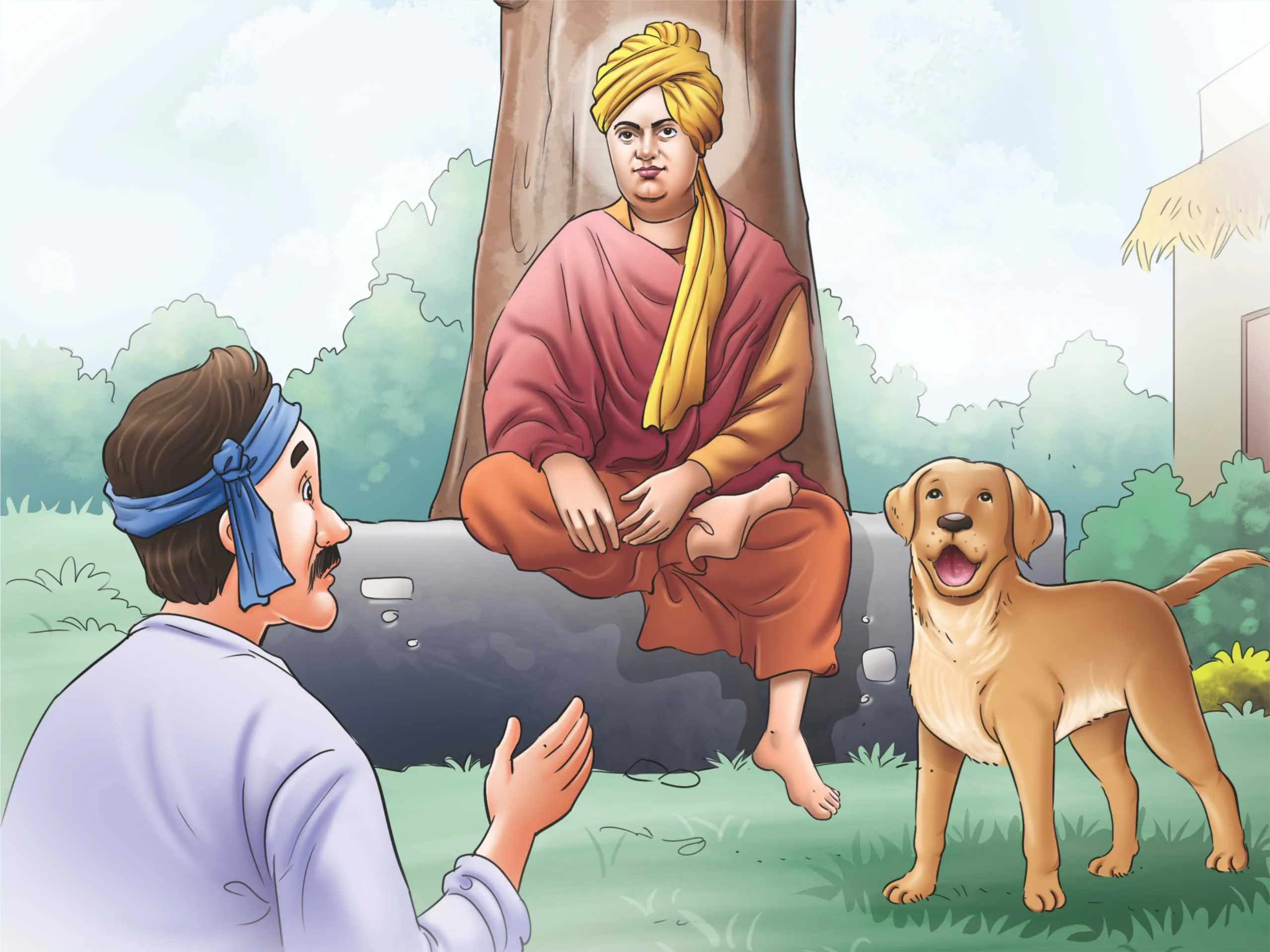 Swami Vivekanand with man and dog Cartoon image