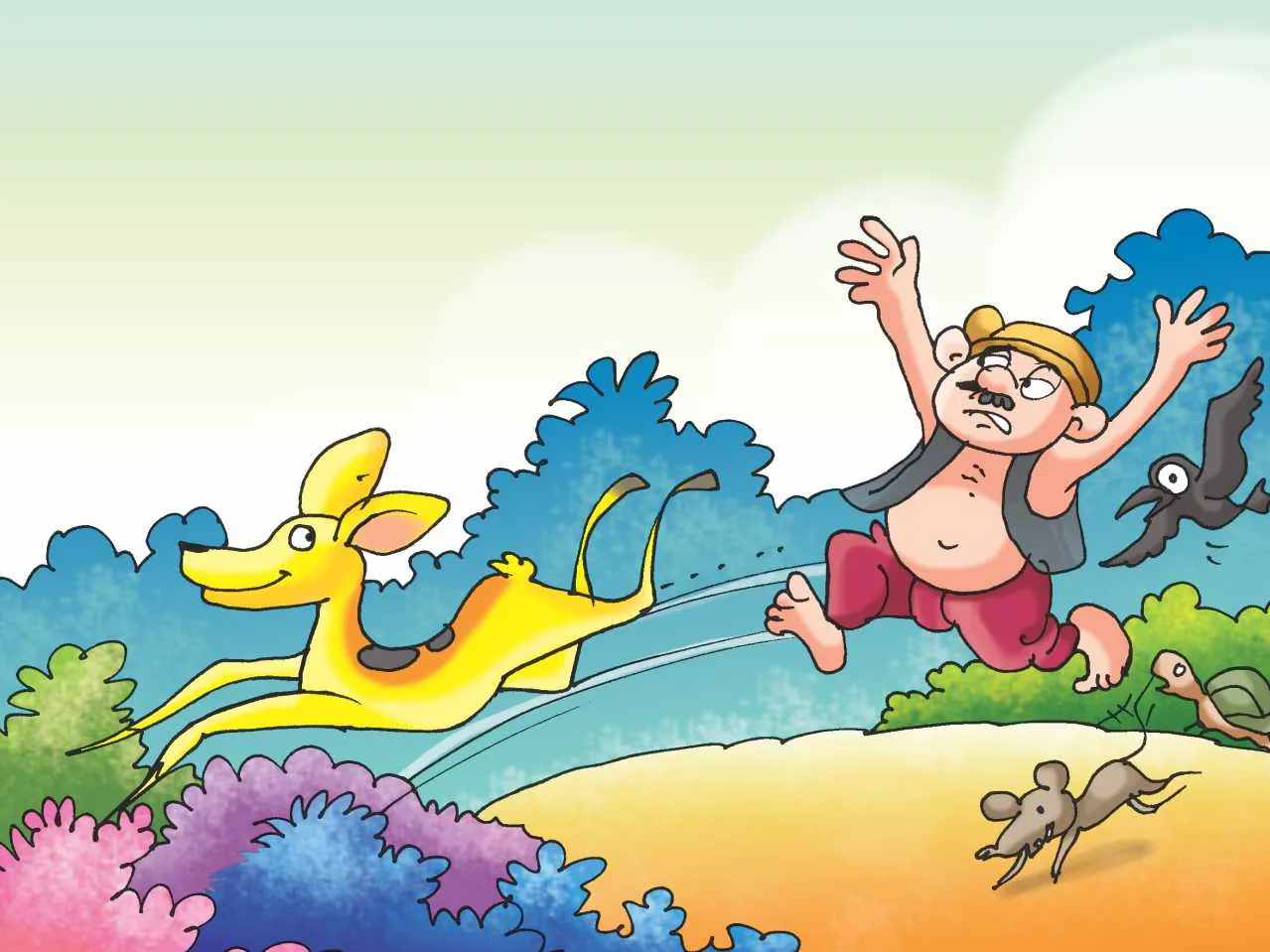 Deer running from hunter cartoon image