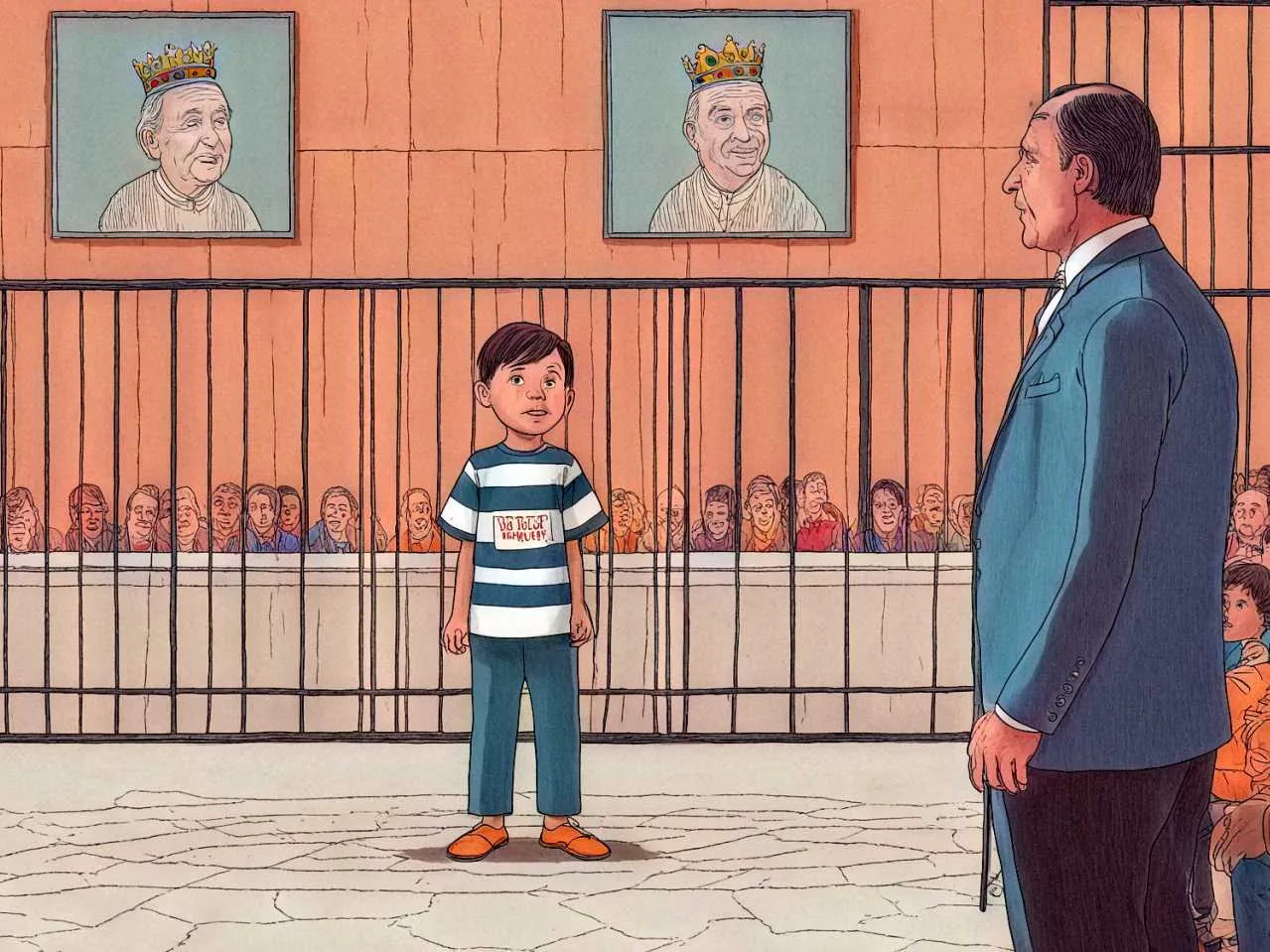 cartoon image of a boy in court