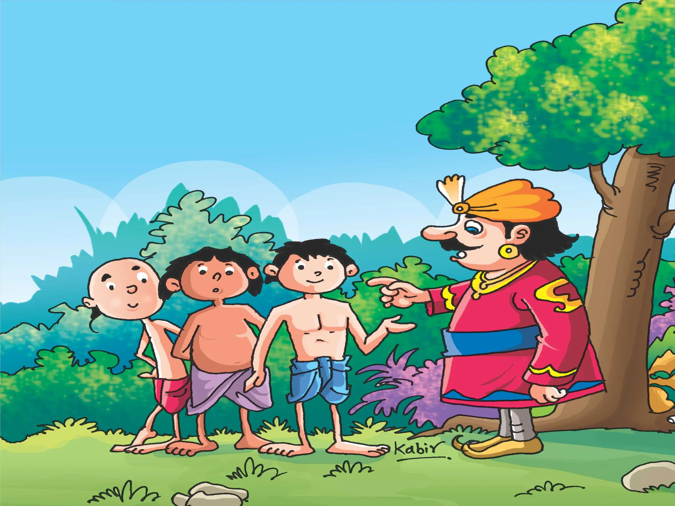 King with three boys cartoon image