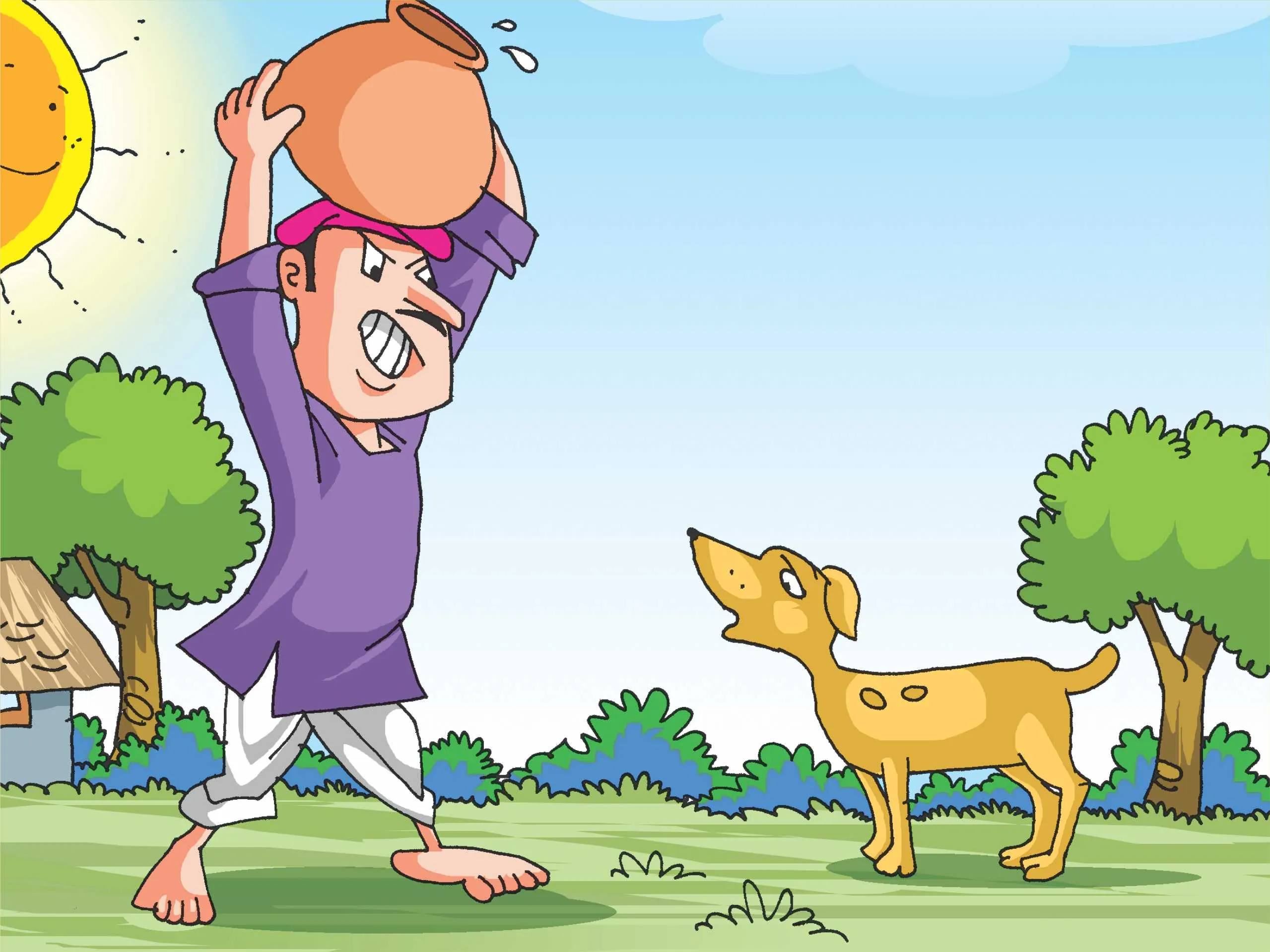 Man with a water pot and dog cartoon image