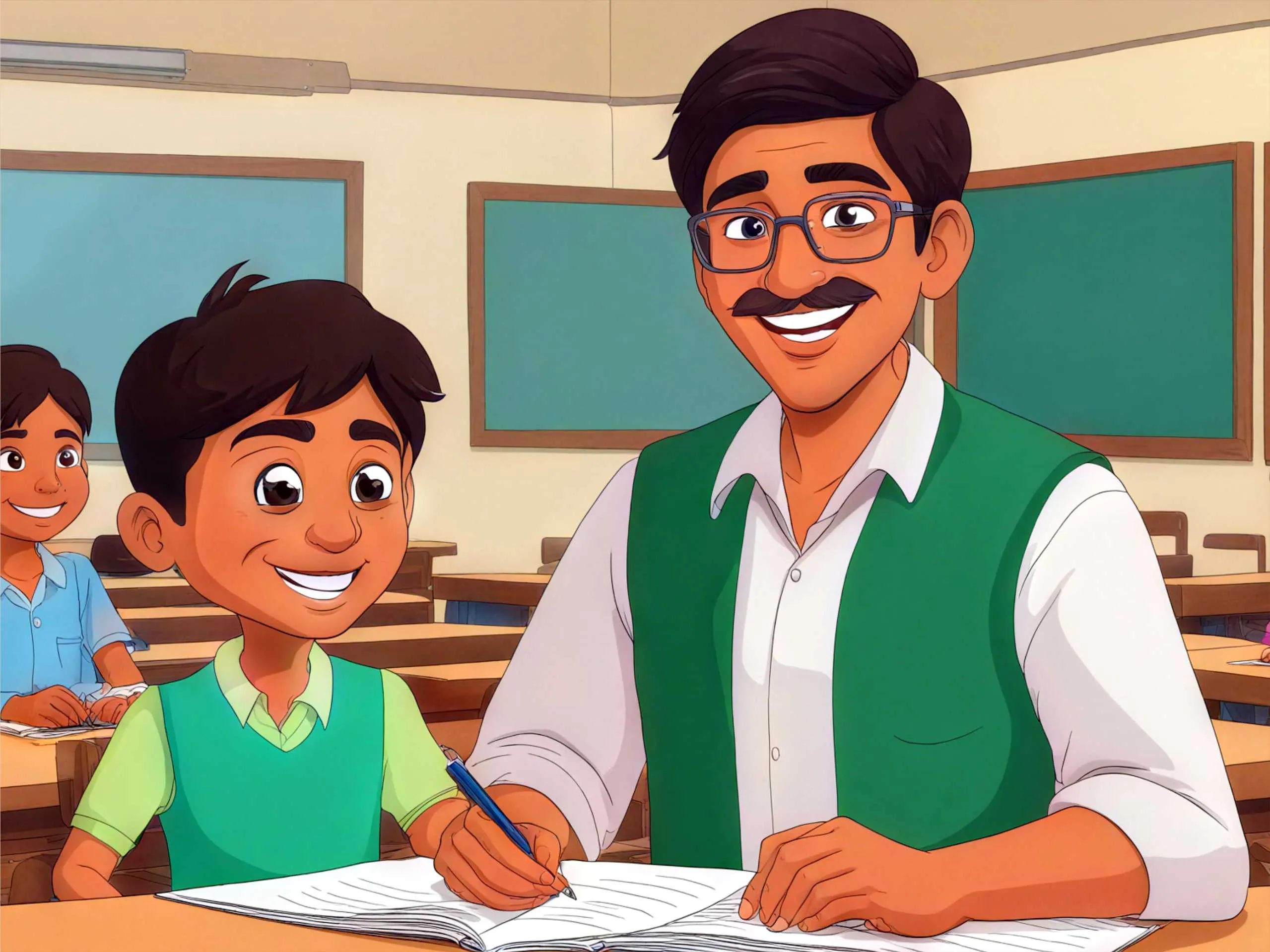 cartoon image of a kid with his teacher