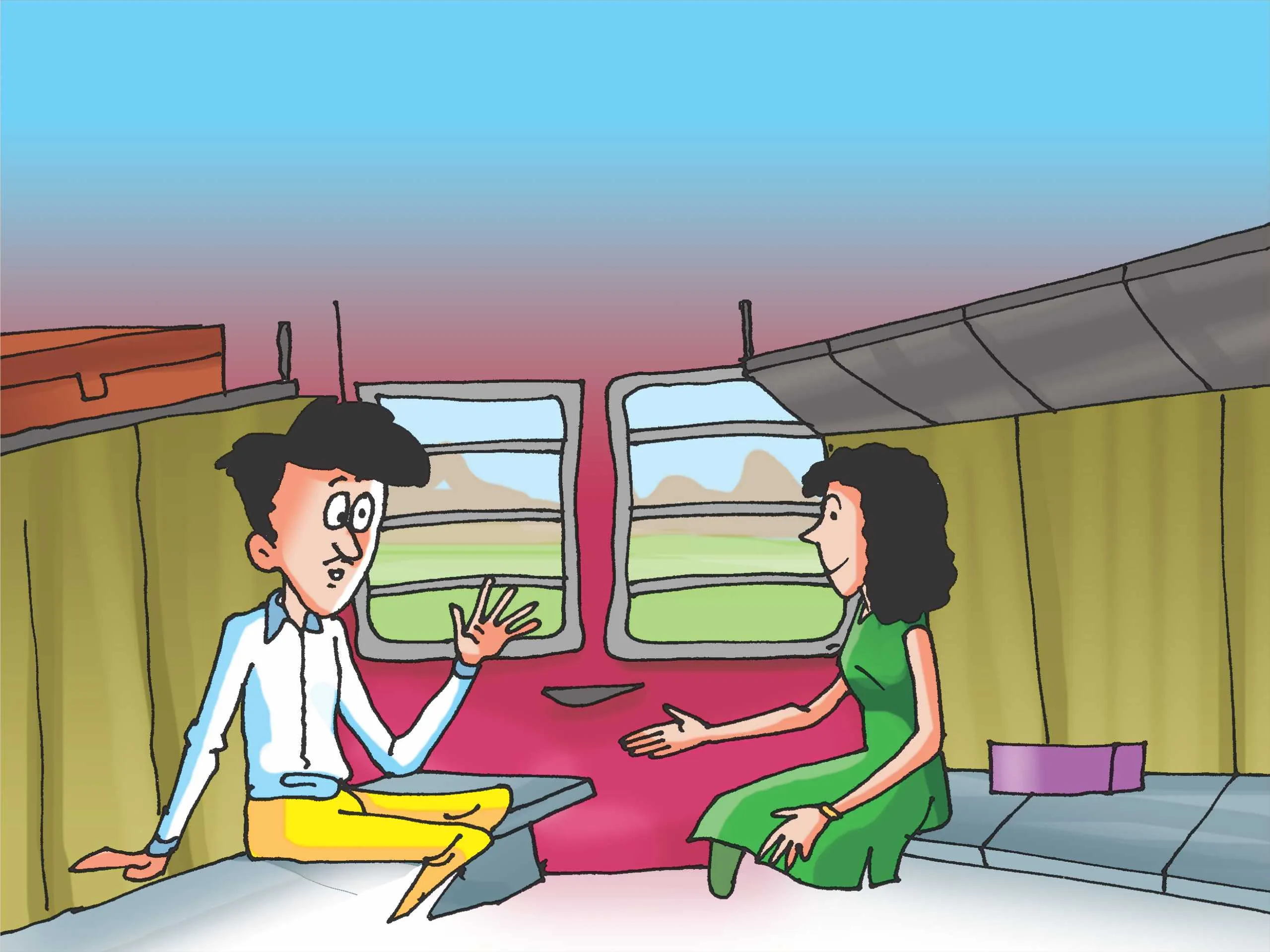 cartoon image of a man and women on train