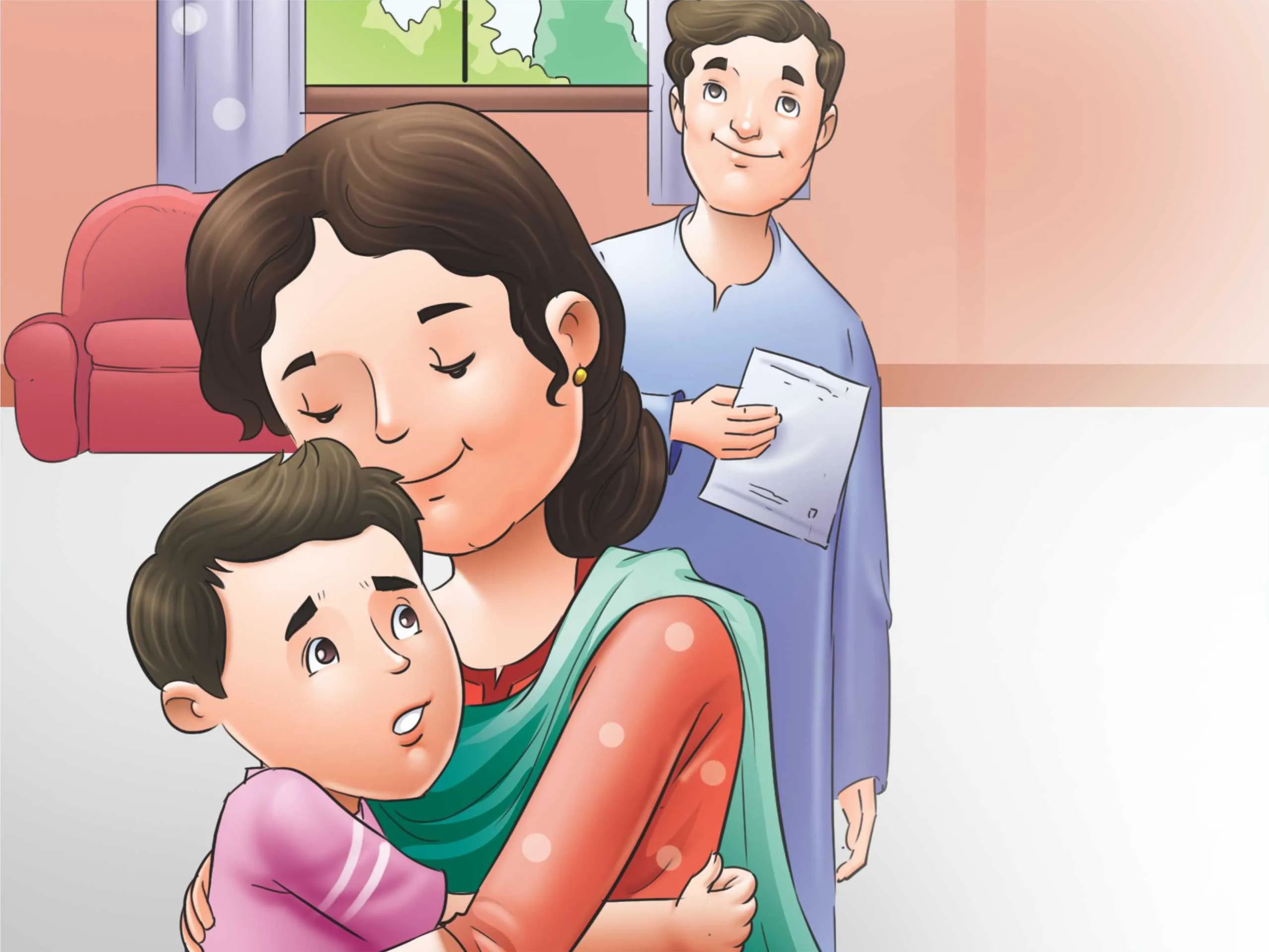 Mother hugging her son cartoon image