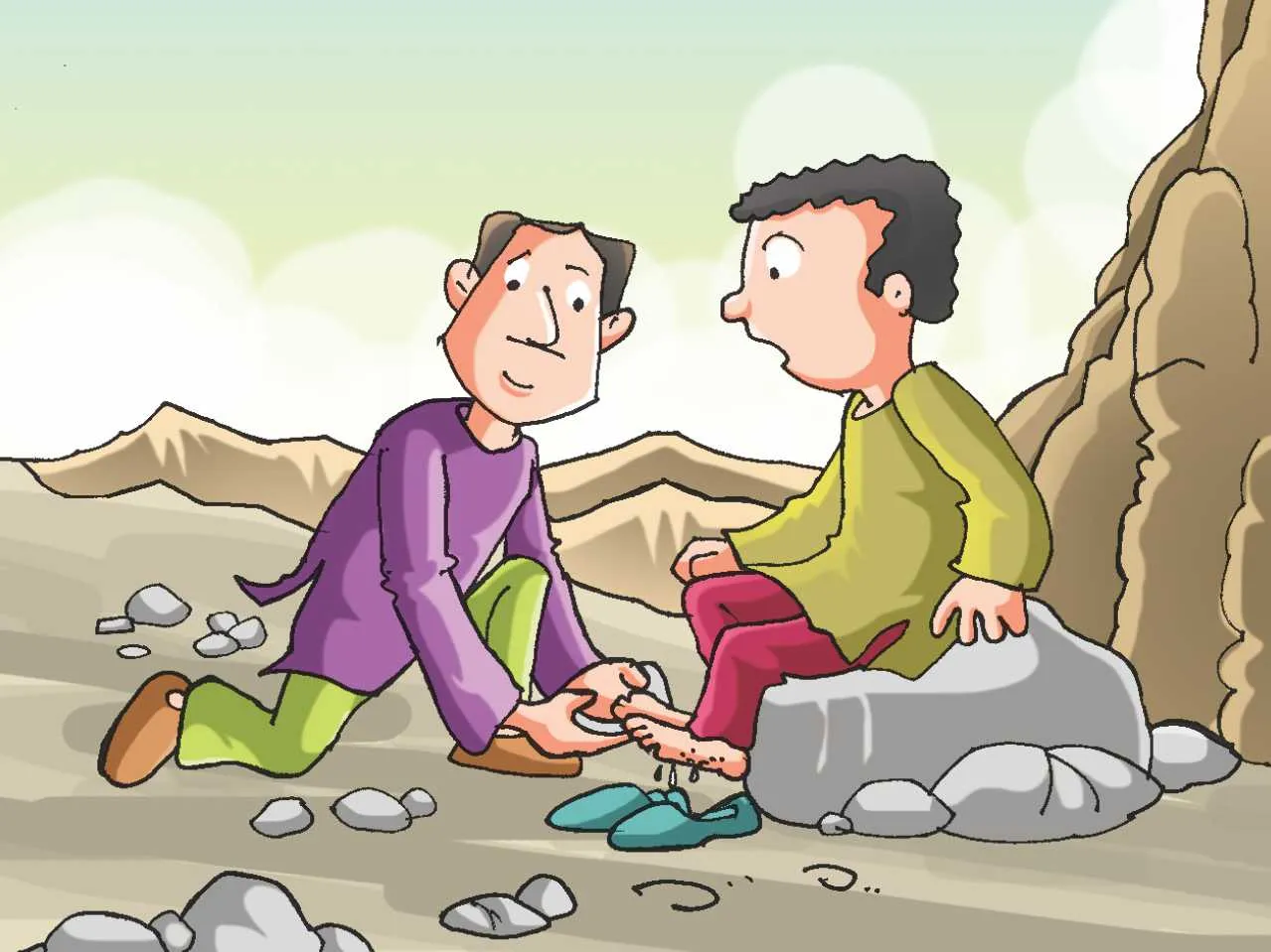 Man with his son on mountain cartoon image