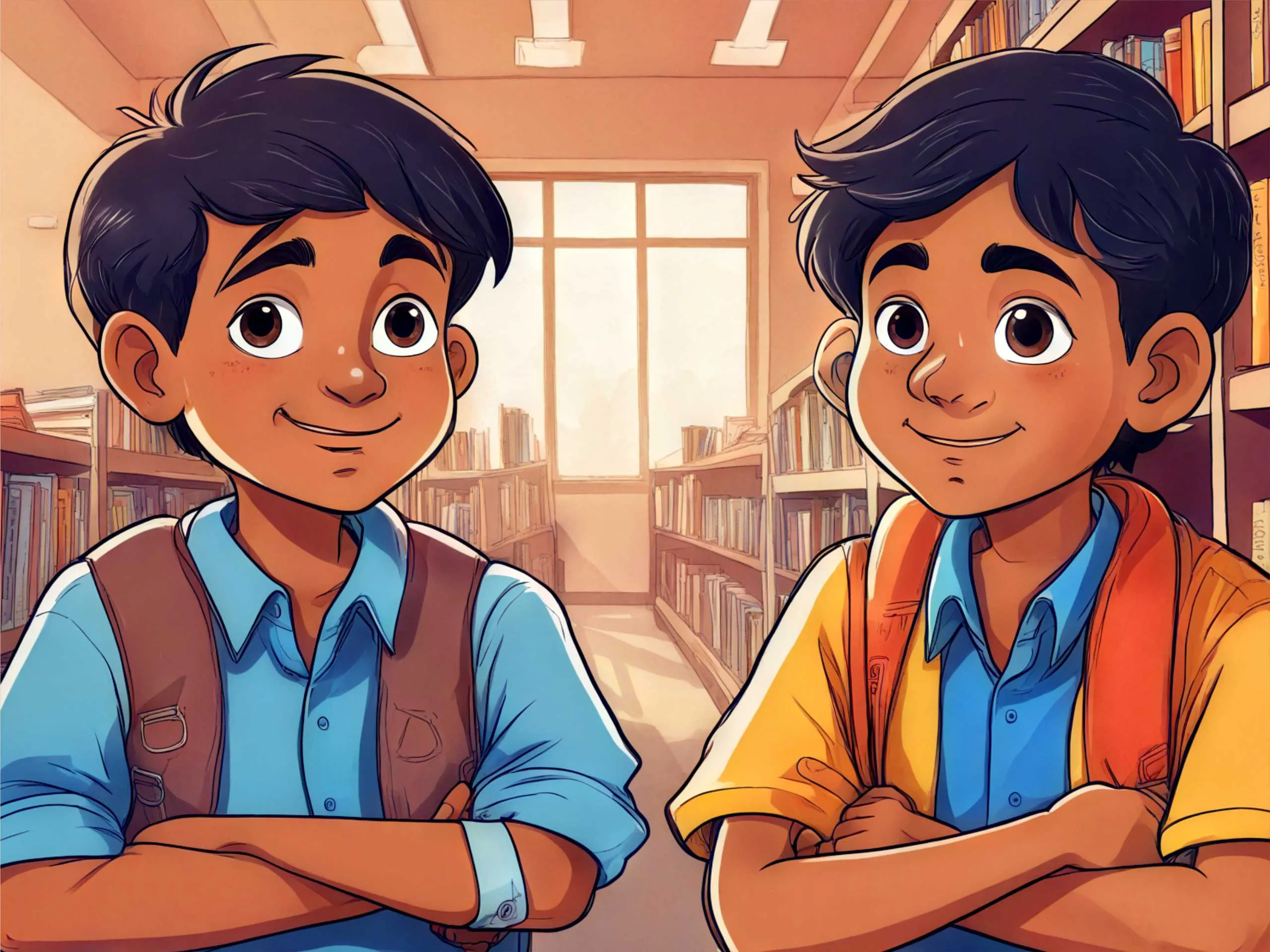 cartoon image of two indian boys sitting in library