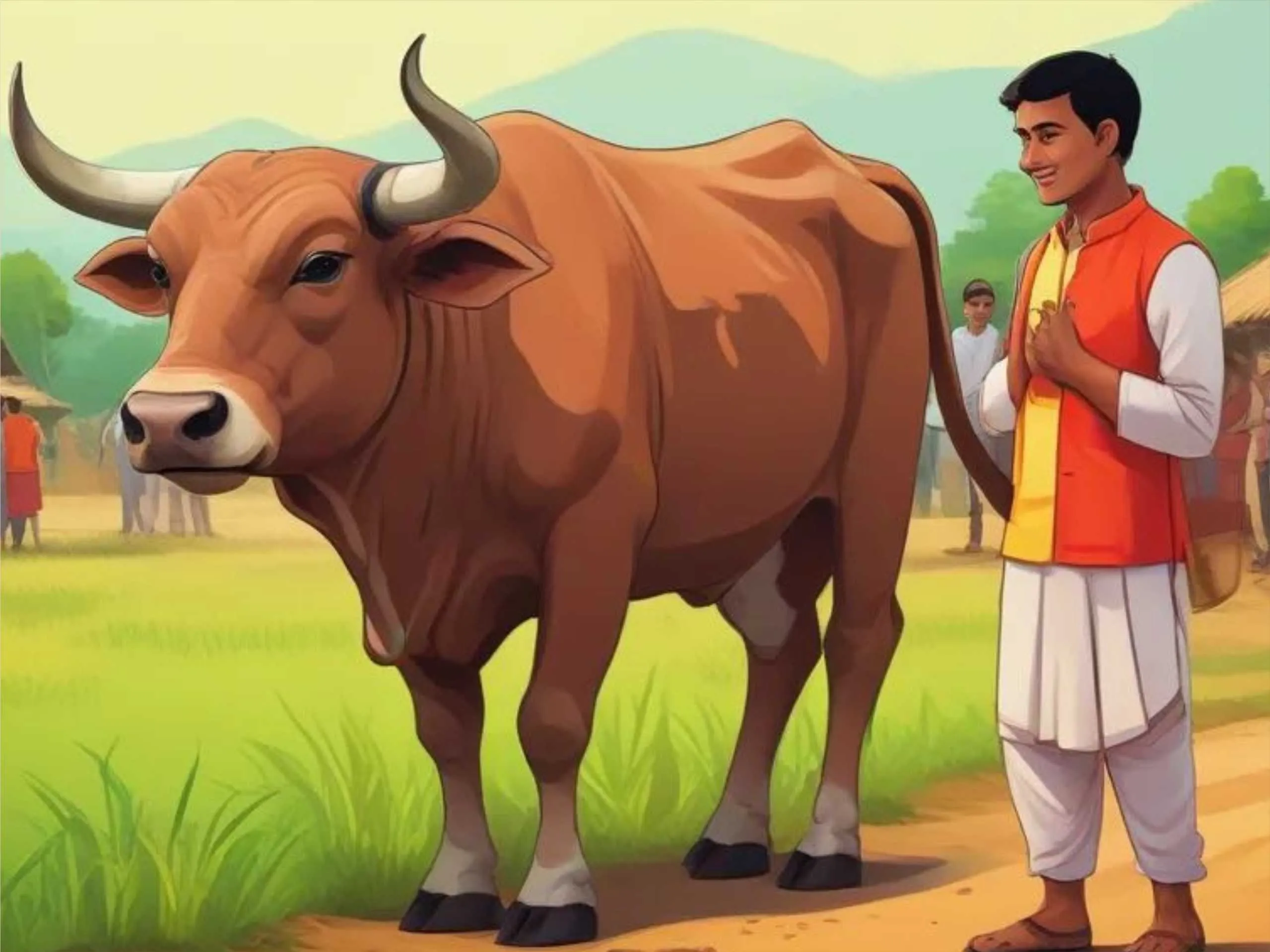 cartoon image of an Indian boy with a Bull