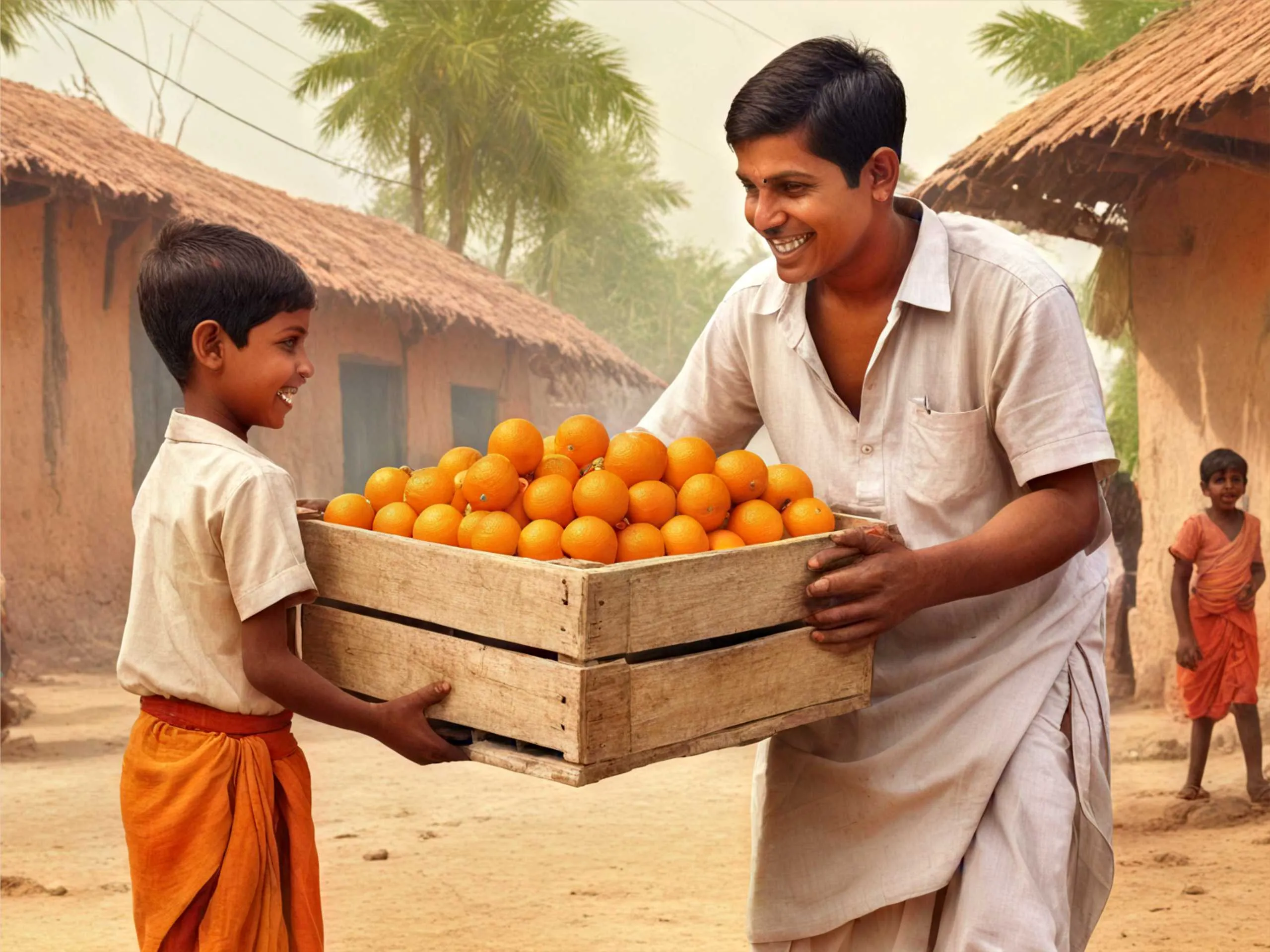 cartoon image of and Indian kid receiving oranges 