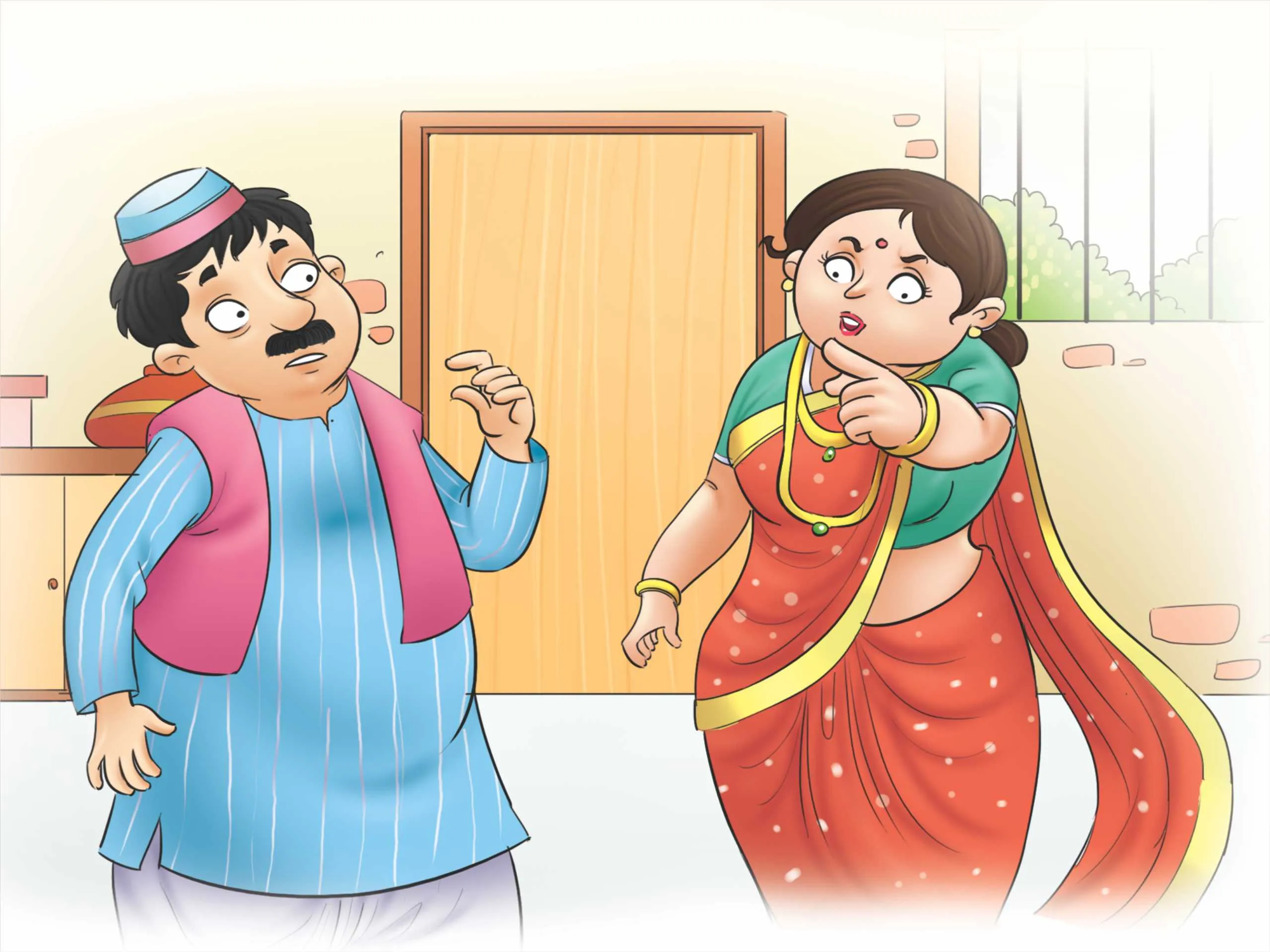 Cartoon image of a man with his wife