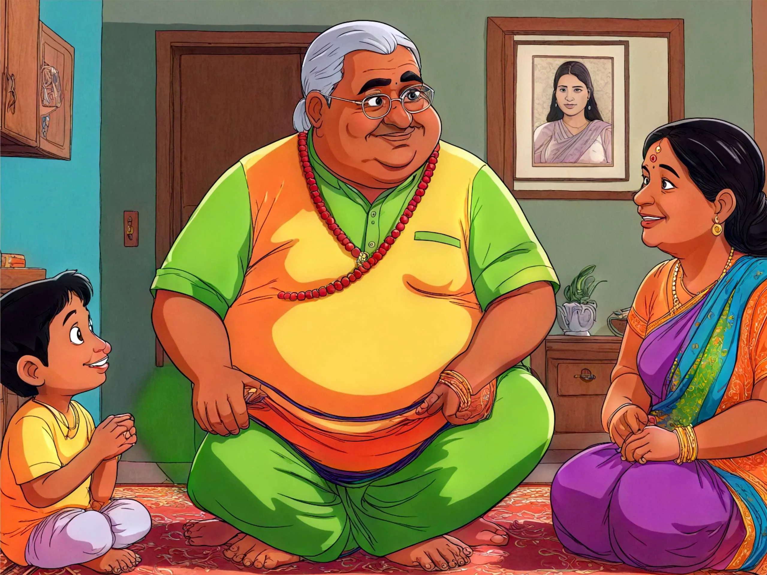 cartoon image of a fat man with his wife and son