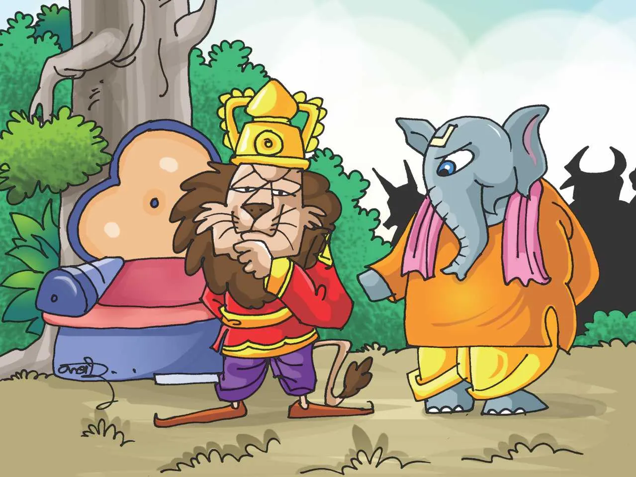 cartoon image of lion and elephant talking