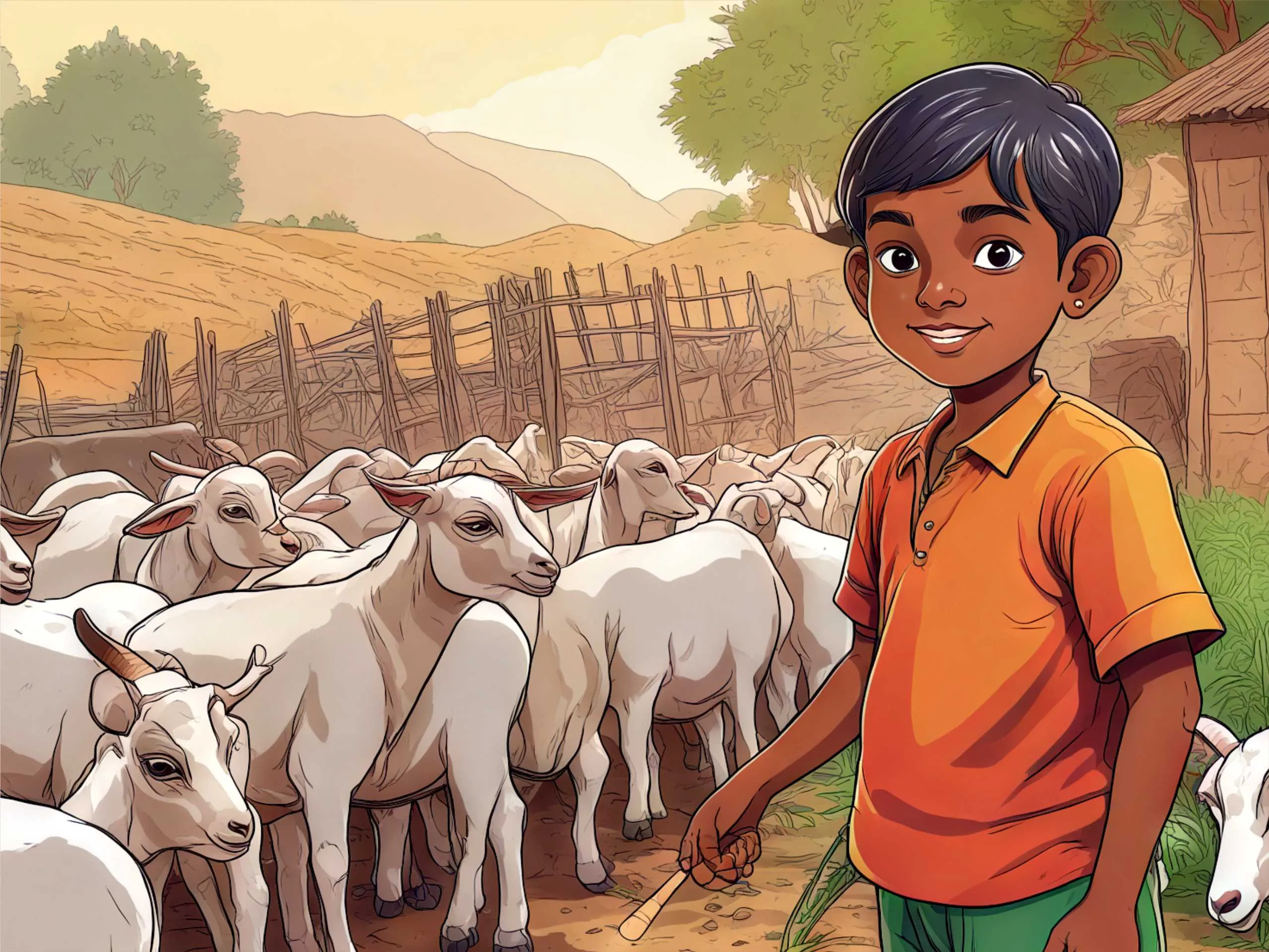 cartoon image of a kid in goat farm