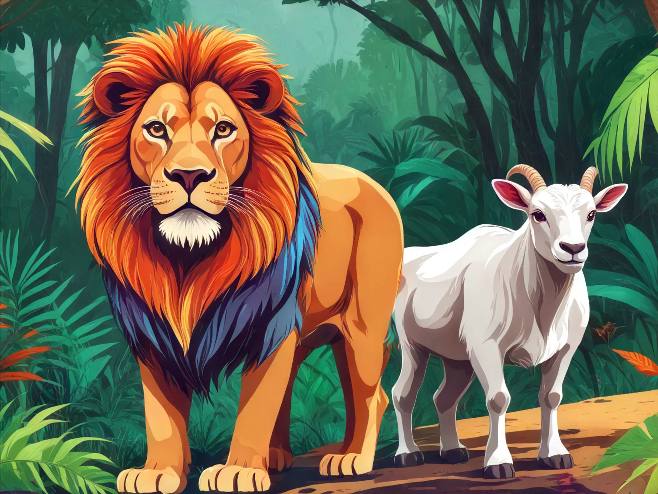cartoon image of lion with a goat