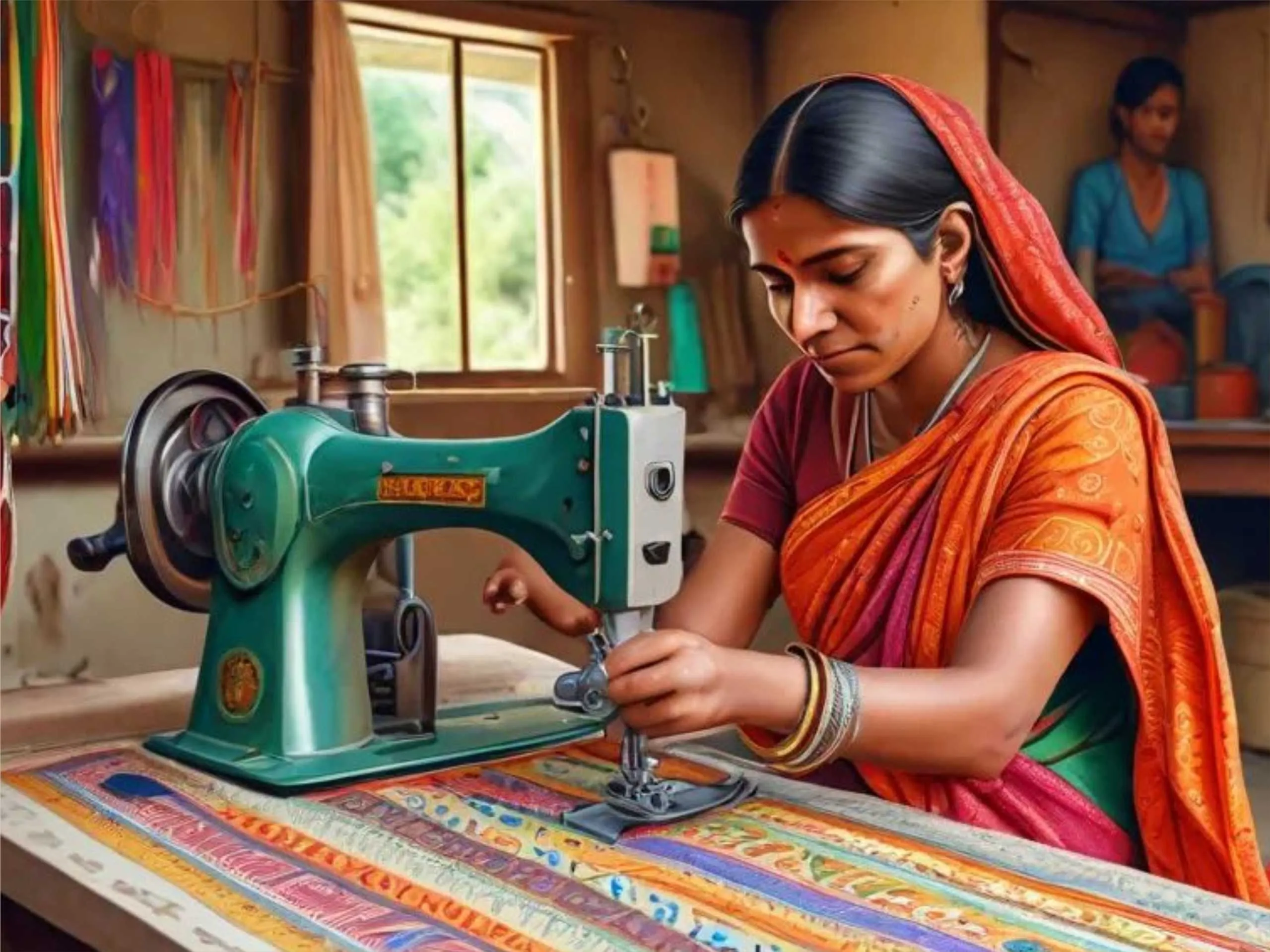 cartoon image of and Indian women using sewing machine