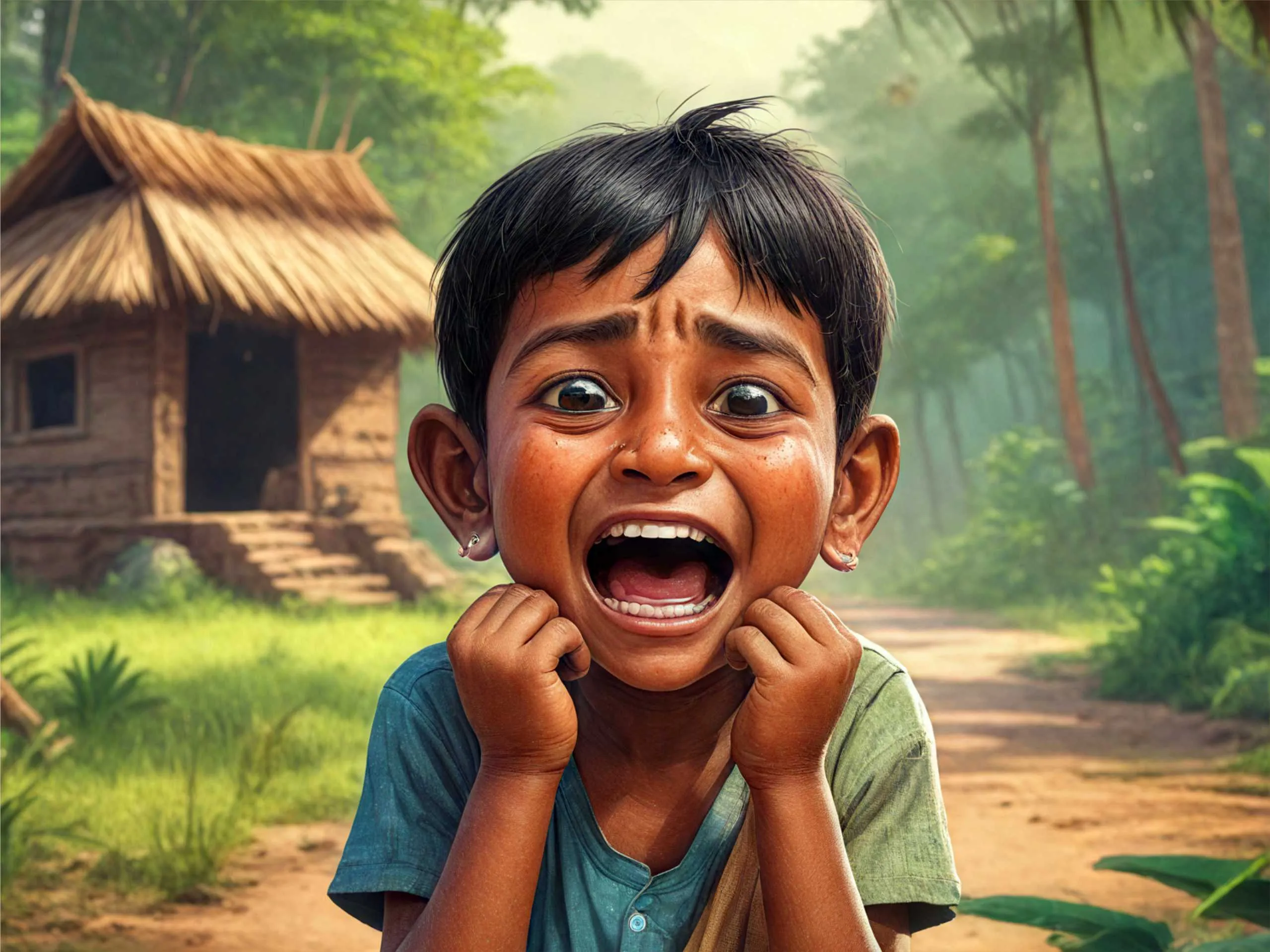 cartoon image of a kid crying in jungle