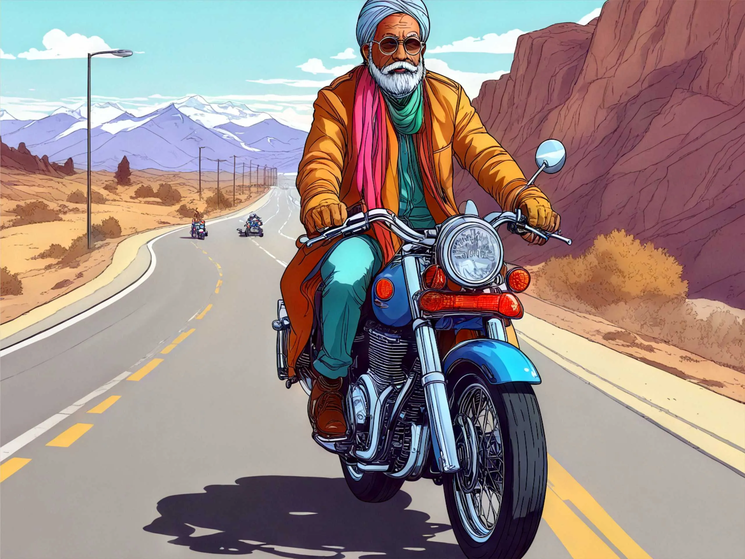 cartoon image of an Indian man riding a bike