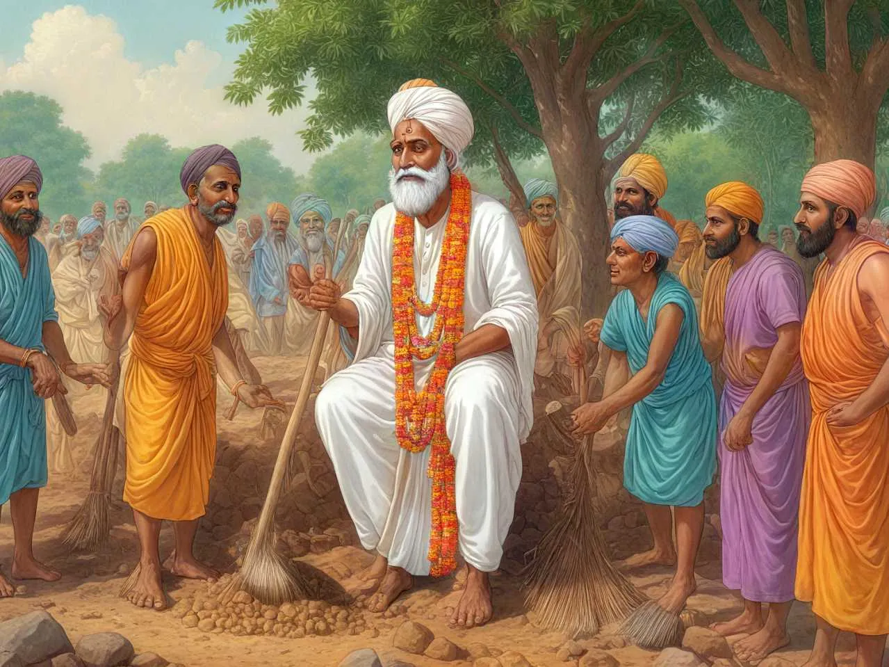cartoon image of an indian saint talking to laboures