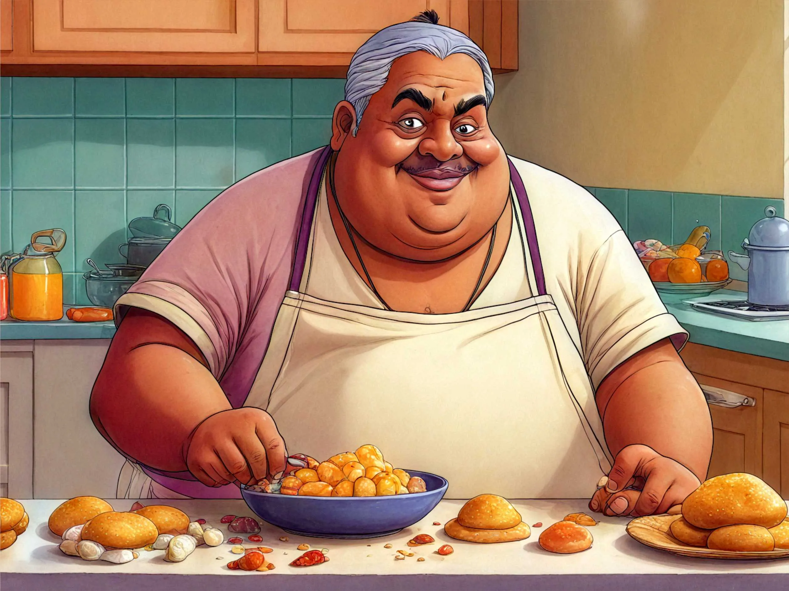 cartoon image of a fat man in kitchen