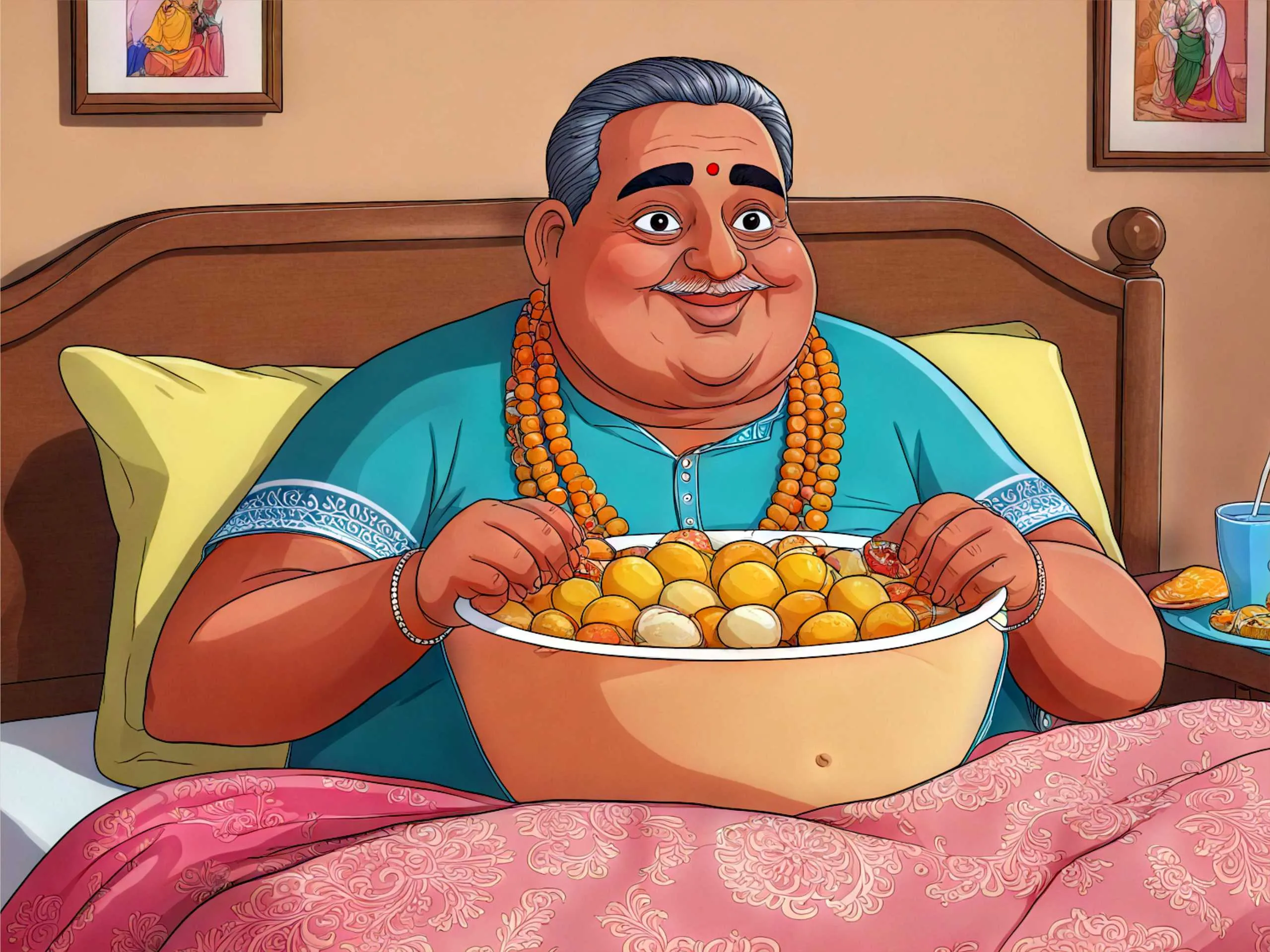 cartoon image of fat man lying on bed