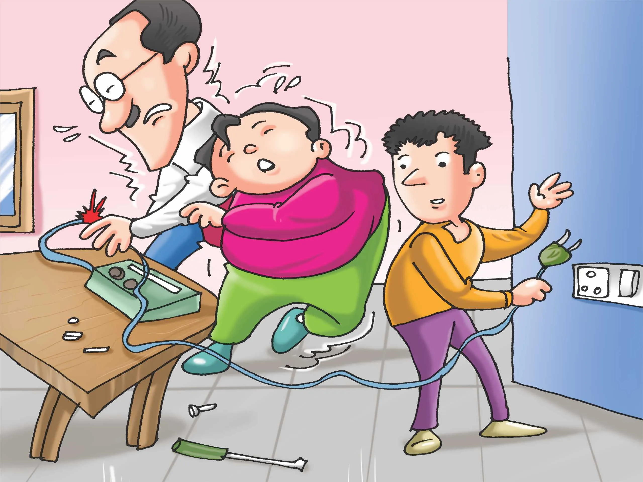 Man and two boys cartoon image