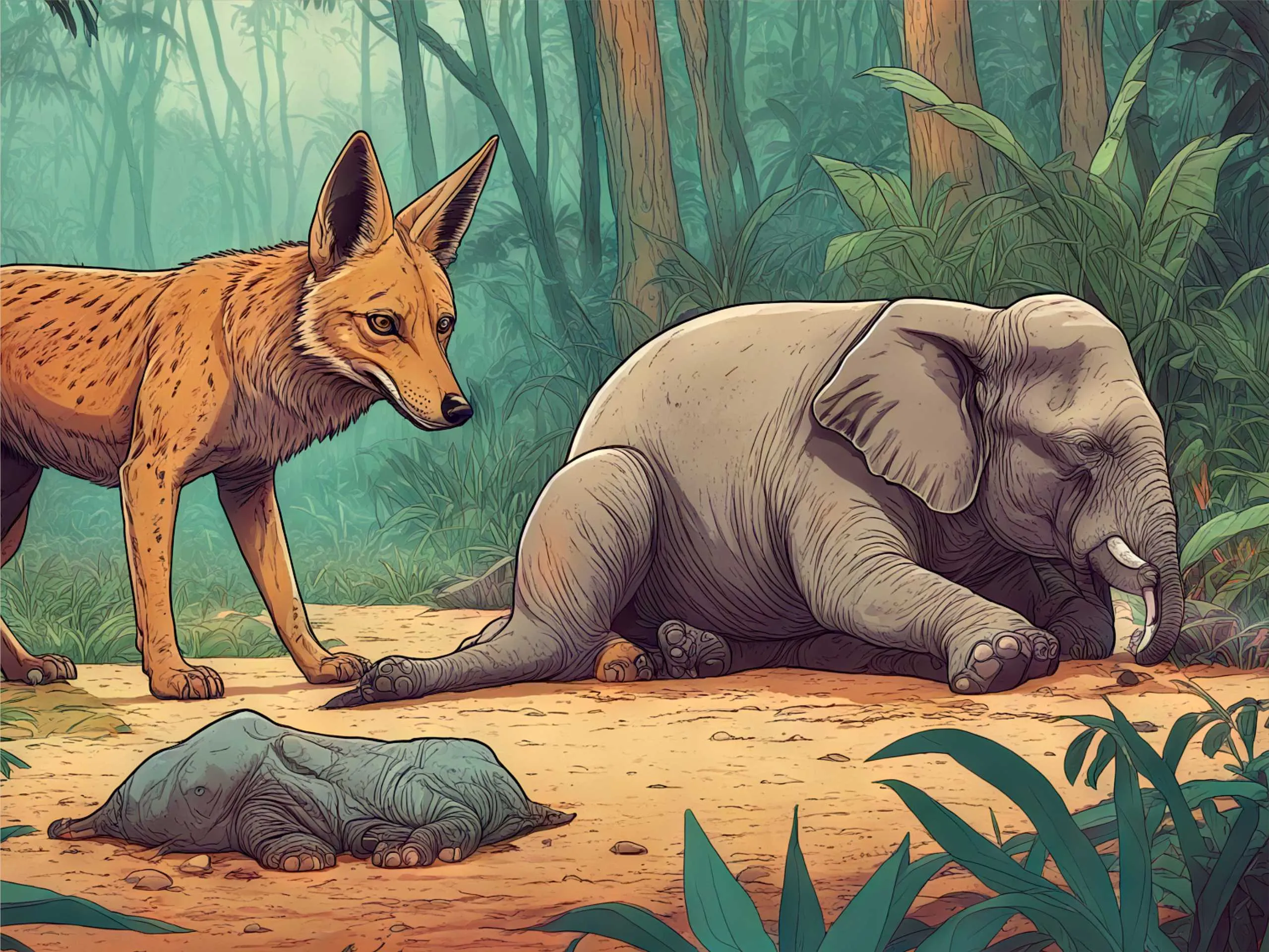 cartoon image of a jackal near a dead elephant