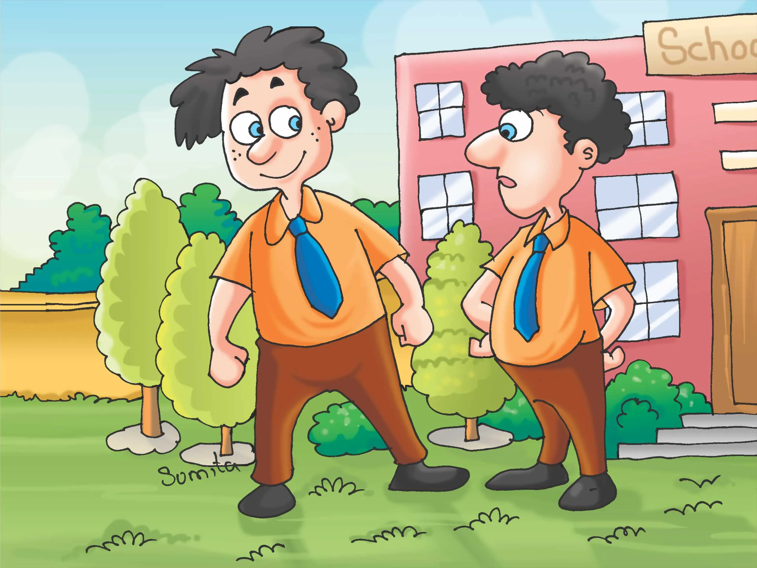 Two school boys talking cartoon image