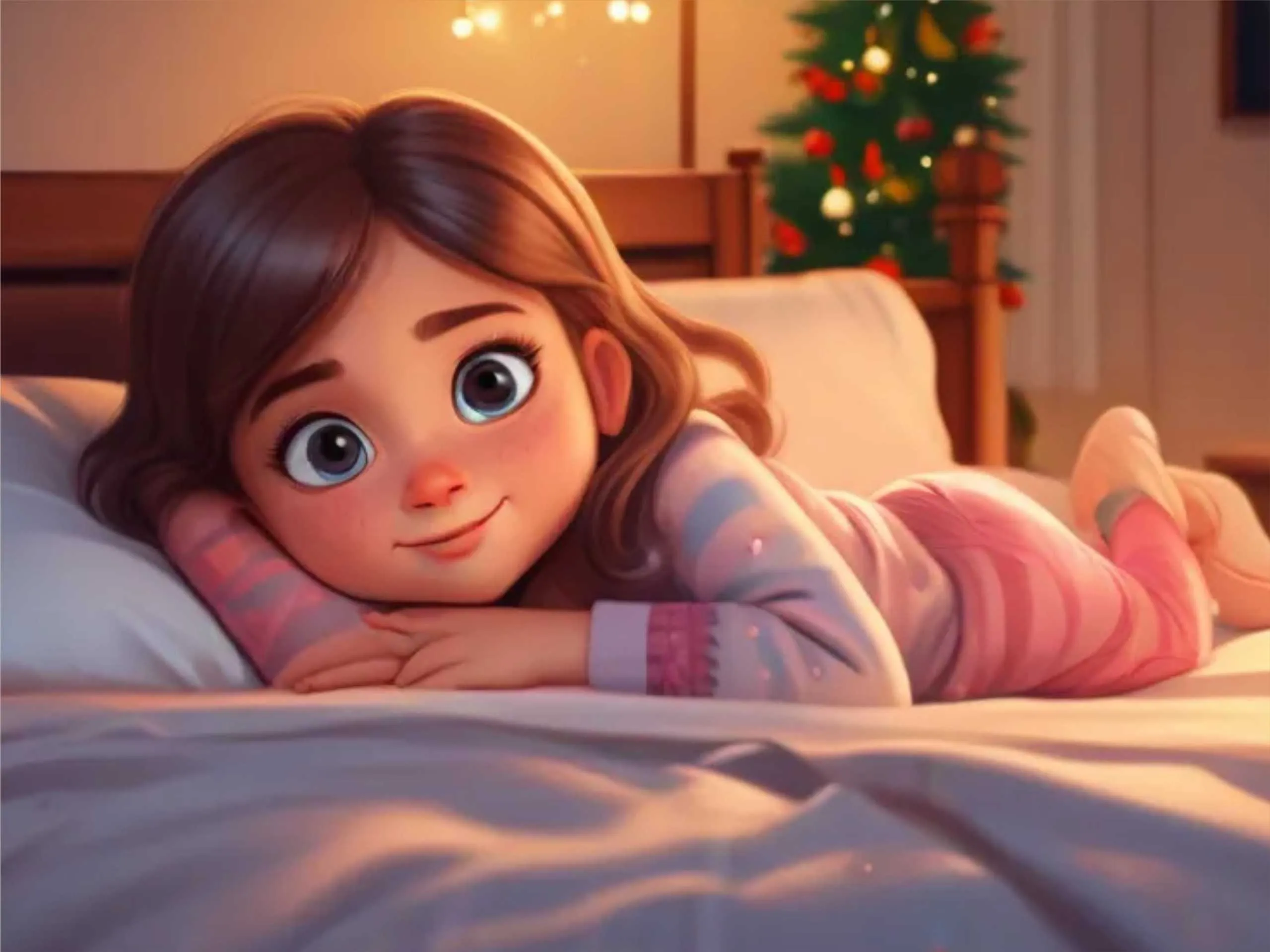 Little girl lying on bed realistic cartoon image