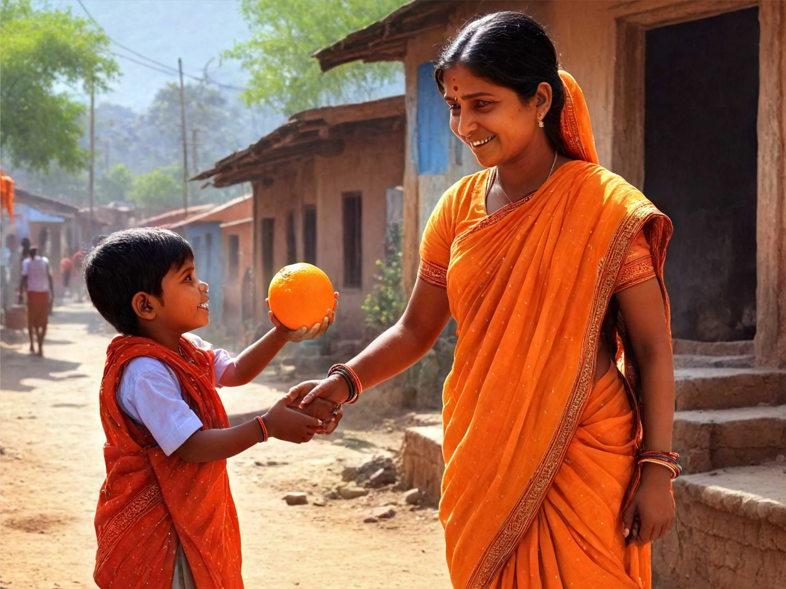 cartoon image of and Indian kid with orange