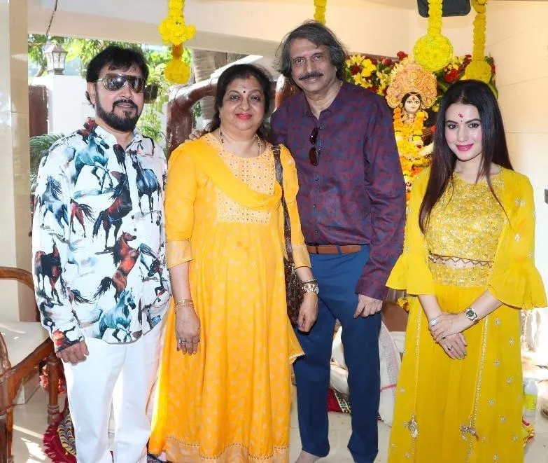 Saraswati Puja--Chaitanya Padukone with wife and actor Babloo (Keshto)  Mukherjee and actress Anusmriti