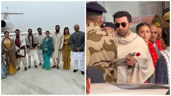 Madhuri Dixit, Katrina Kaif, Ranbir Kapoor, Alia Bhatt and other celebs spotted together at the airport ahead of Ayodhya Ram Temple consecration ceremony. 