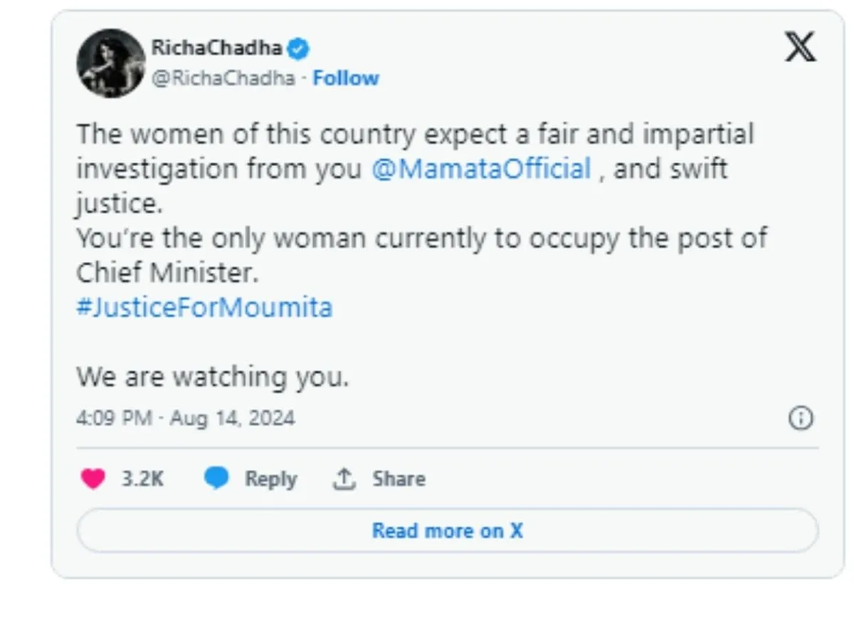 Richa Chadha, Richa Chadha News, Richa Chadha on Kolkata Rape Murder Case, Richa Chadha Post on Kolkata Rape Murder Case, Richa Chadha demands impartial investigation from Mamata Banerjee, Richa Chadha Post for Mamata Banerjee, ऋचा चड्ढा, कोलकाता रेप-मर्डर केस, ममता बनर्जी