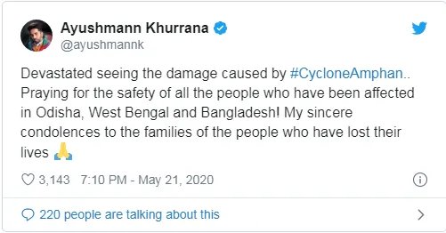 Cyclone Amphan: पीड़ितों के लिए बॉलीवुड सेलेब्स ने मांगी सलामती की दुआएं , 72 लोगों की मौत