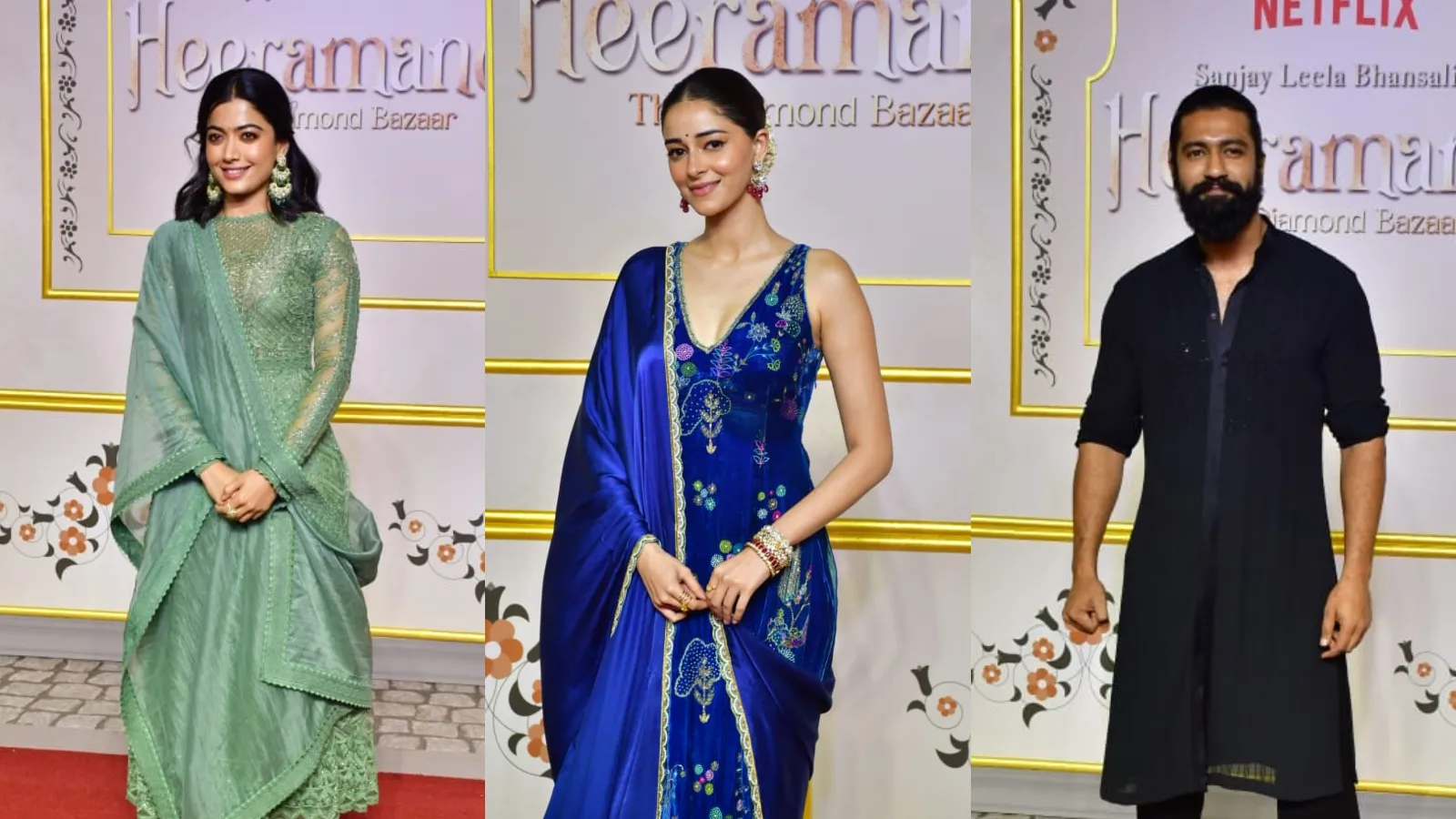 Ananya Panday, Rashmika Mandanna and Vicky Kaushal at Heeramandi screening. (Photo: Varinder Chawla)