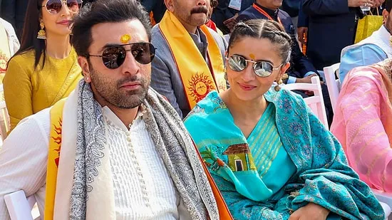 Ranbir Kapoor and Alia Bhatt at the Ram Mandir Pratishtha ceremony, in Ayodhya, (PTI Photo)(PTI)