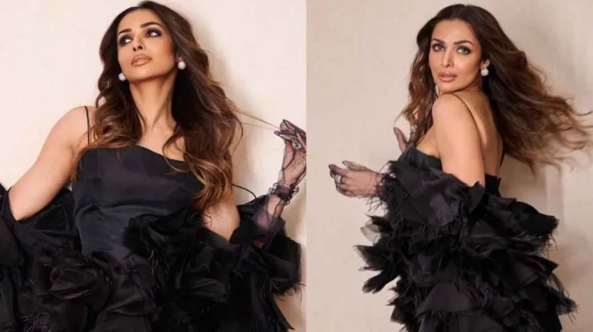 Malaika Arora, Formal Wear, Black, Ruffled, floral dress, mini-dress, cape, tulle, feather, flapper style, hot, Style, Fashion