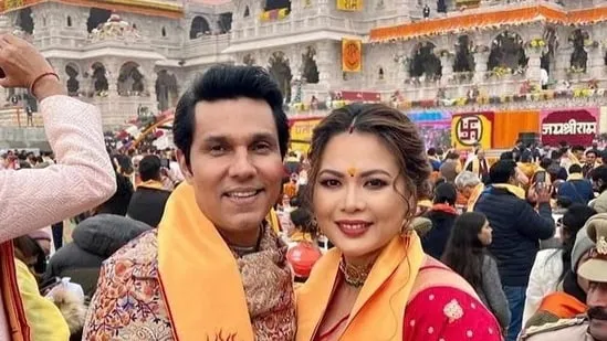 Randeep Hooda and Lin Laishram at the Ram Mandir Pran Pratishtha ceremony in Ayodhya on Monday. The couple were in traditional ensembles and were among many of their industry colleagues who were a part of the ceremony.&nbsp;