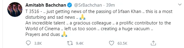 इरफान खान के निधन से बॉलीवुड में शोक की लहर ,अमिताभ से लेकर अजय देवगन समेत इन सितारों ने दी श्रद्धांजलि