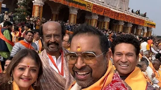 Rajinikanth, singer Shankar Mahadevan and Sachin Tendulkar pose in front of the grand Ram Mandir during the Pran Pratishtha ceremony on Monday. Shankar sang a Ram Bhajan at the ceremony.&nbsp;