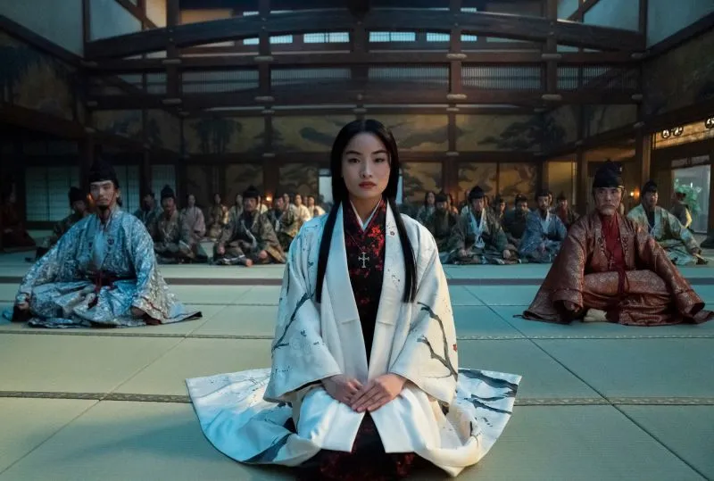 Eita Okuno as Saeki Nobutatsu, Anna Sawai as Toda Mariko, Hiromoto Ida as Kiyama Ukon Sadanaga in “Shōgun."