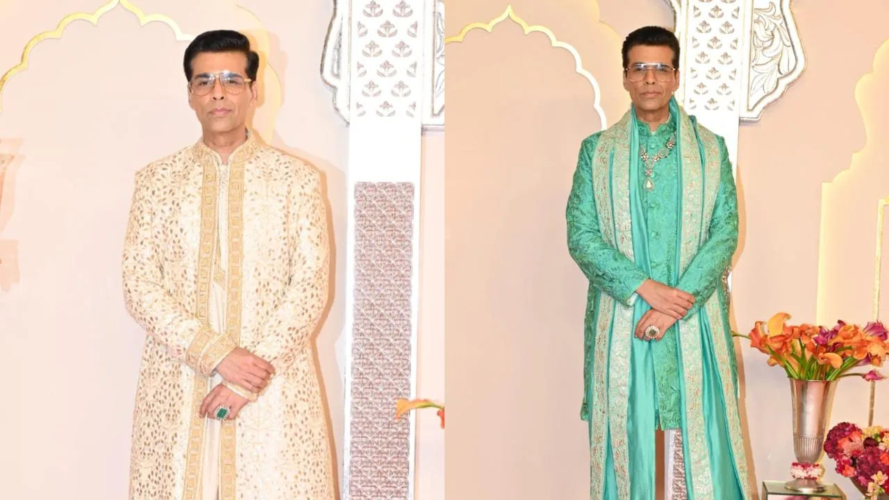 Filmmaker and Dharma honcho Karan Johar was seen at the baraat in a gold and silver vasli Sherwani from Abu Jani Sandeep Khosla. He changed into a green sherwani by Manish Malhotra.