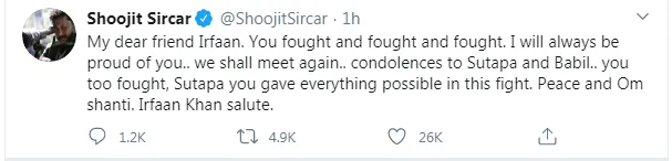 इरफान खान के निधन से बॉलीवुड में शोक की लहर ,अमिताभ से लेकर अजय देवगन समेत इन सितारों ने दी श्रद्धांजलि