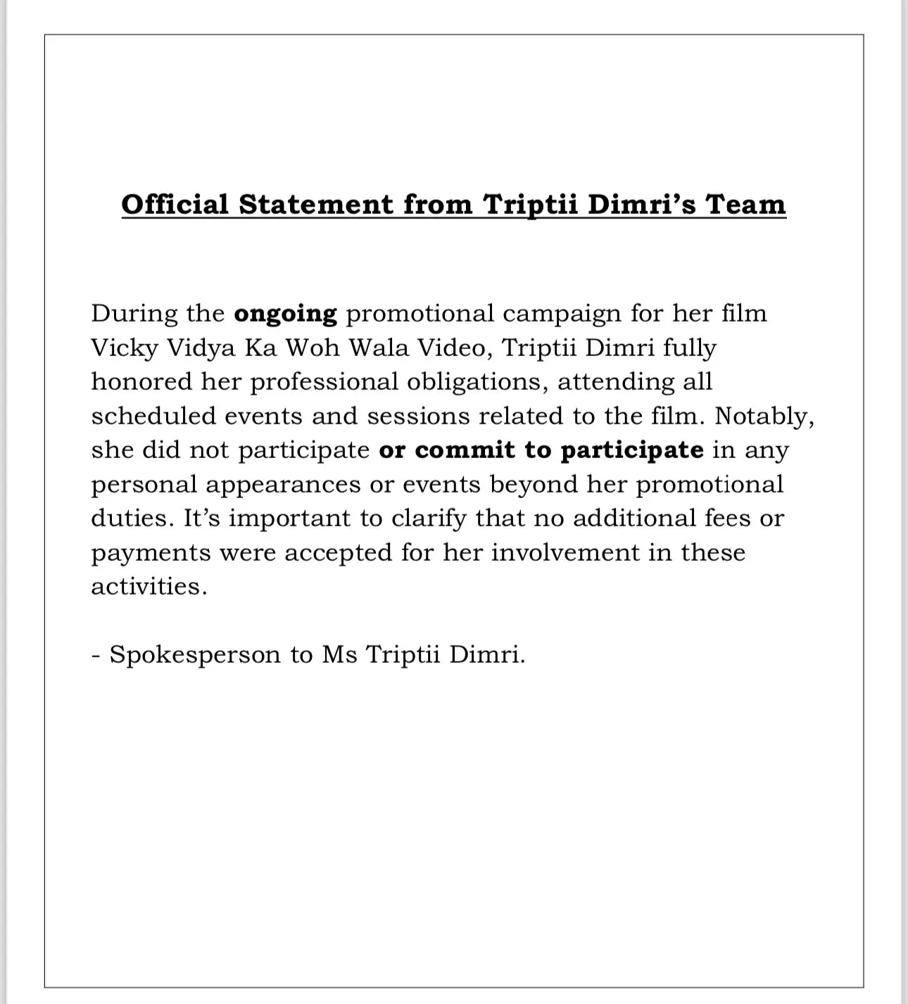 Triptii Dimri's statement.