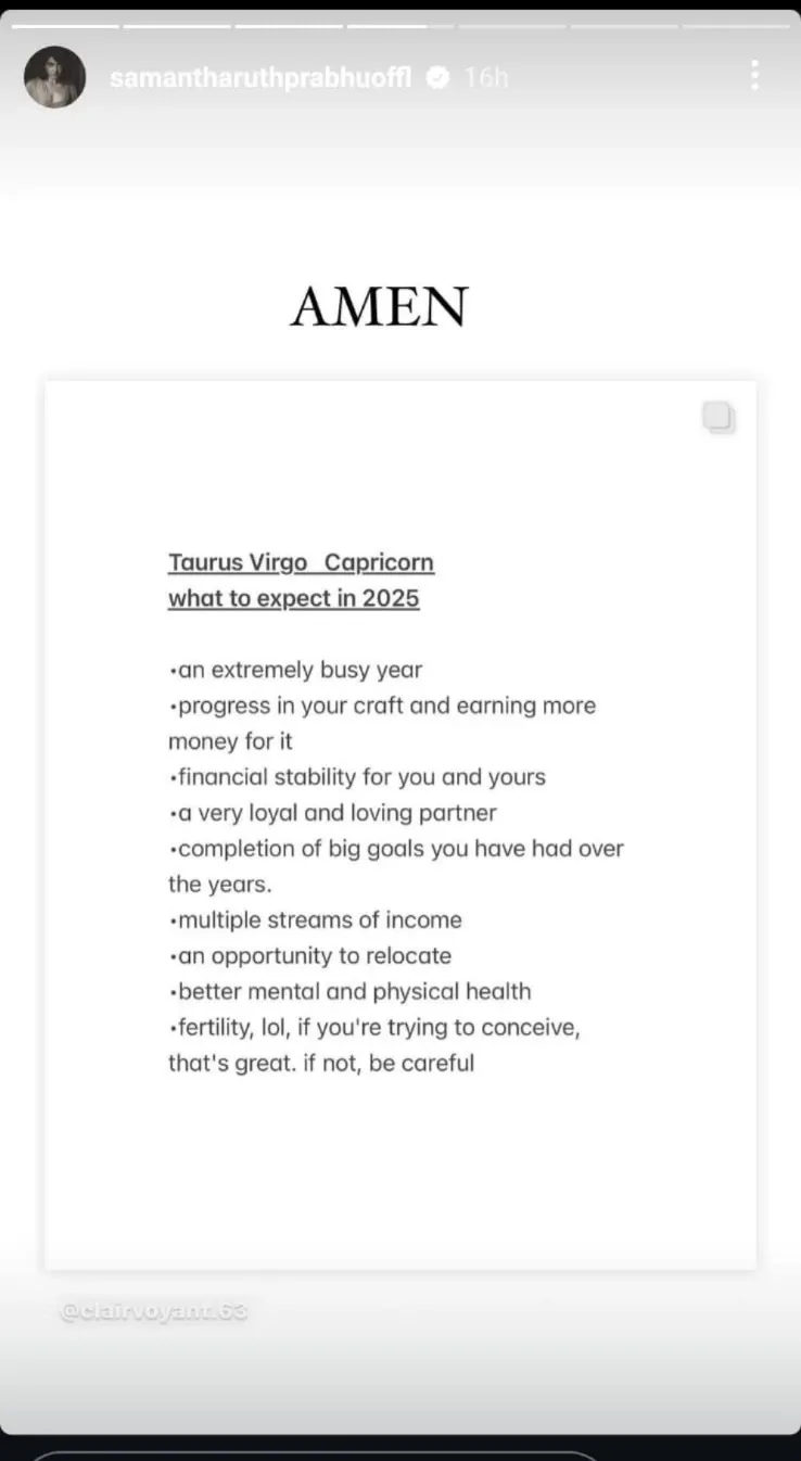 Samantha Ruth Prabhu shared this post on her Instagram stories.