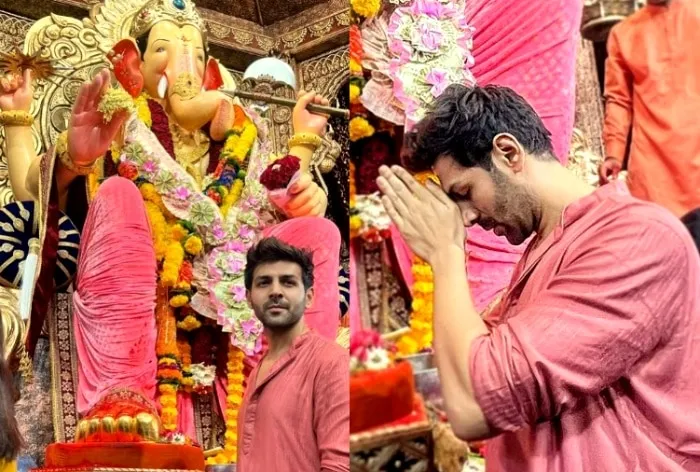 Kartik Aaryan Celebrates Ganesh Chaturthi at Famous Lalbaugcha Raja, Offers Prayers in Red Kurta - Pics