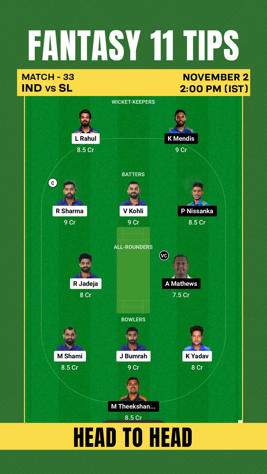 IND vs SL Fantasy 11