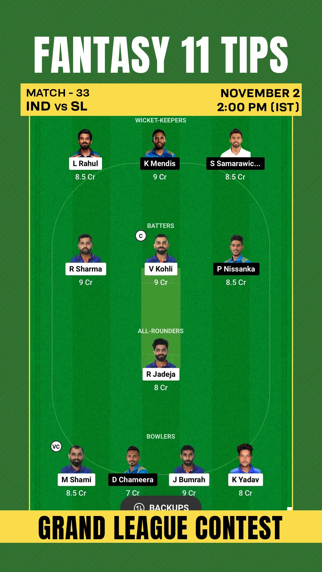 Dream 11 IND vs SL 